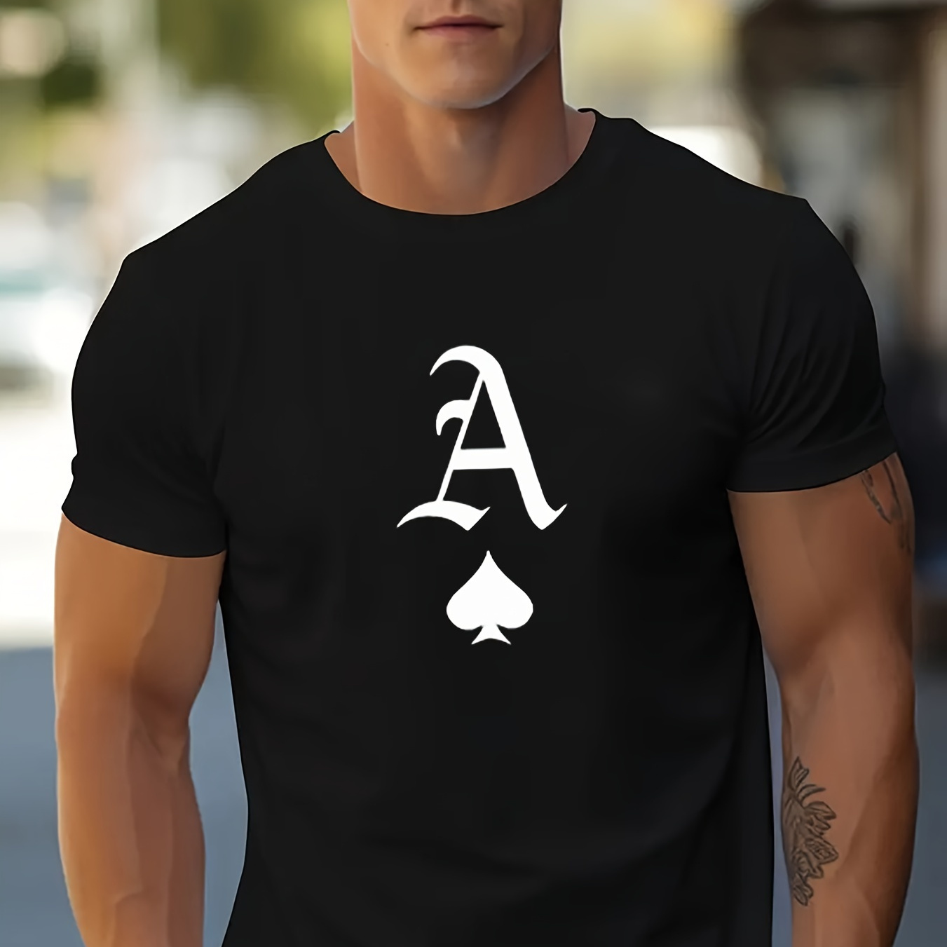

Men's Casual Cotton Short Sleeve, Stylish T-shirt With Ace Of Spades Creative Print, Summer Fashion Top, Crew Neck Tee-shirt For Male
