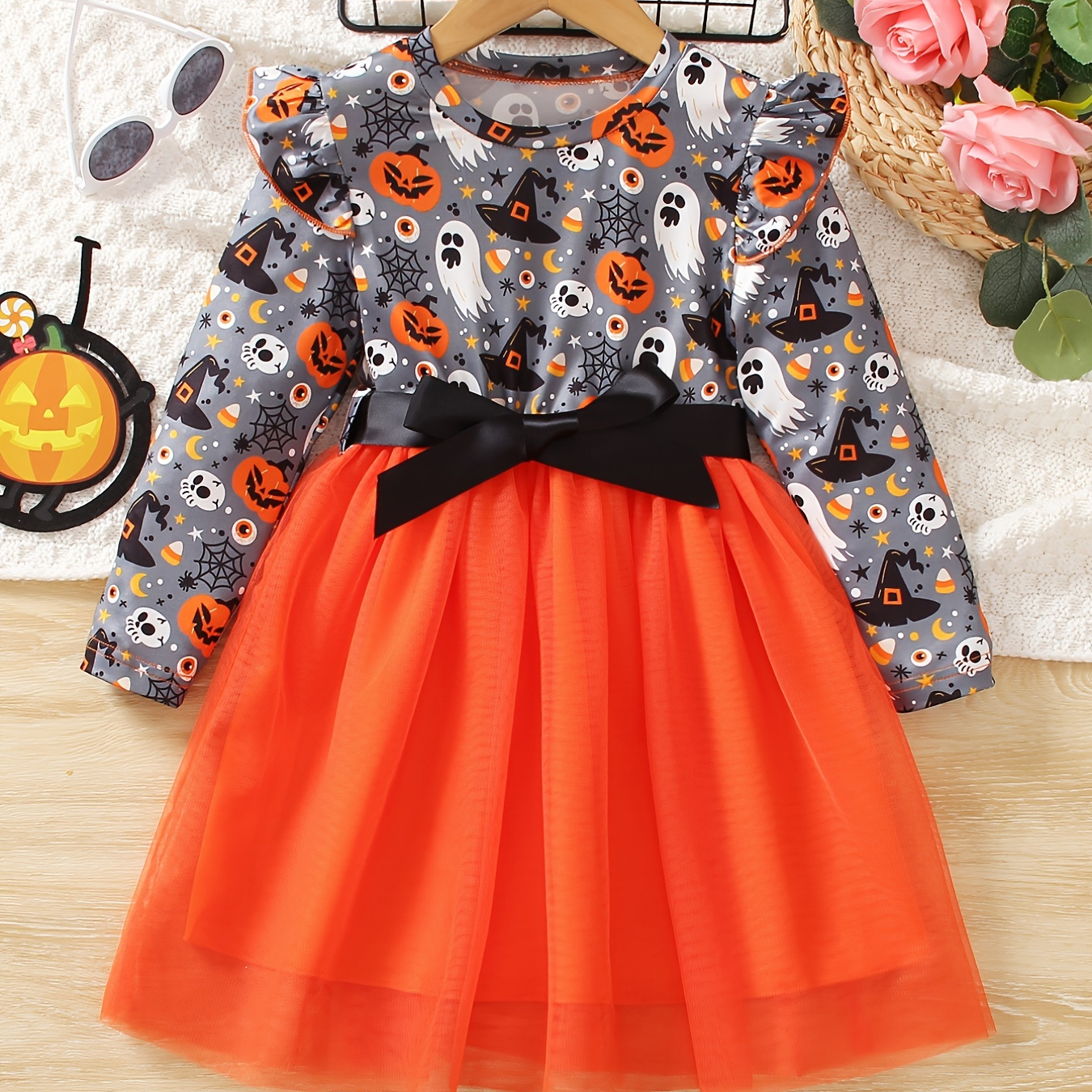 Stretch Halloween Tutu Dress For Toddler Girls, Corn Candy Pumpkin And  Skull Full Print Long Sleeve Dresses For Holiday Party Outfit - Temu Germany