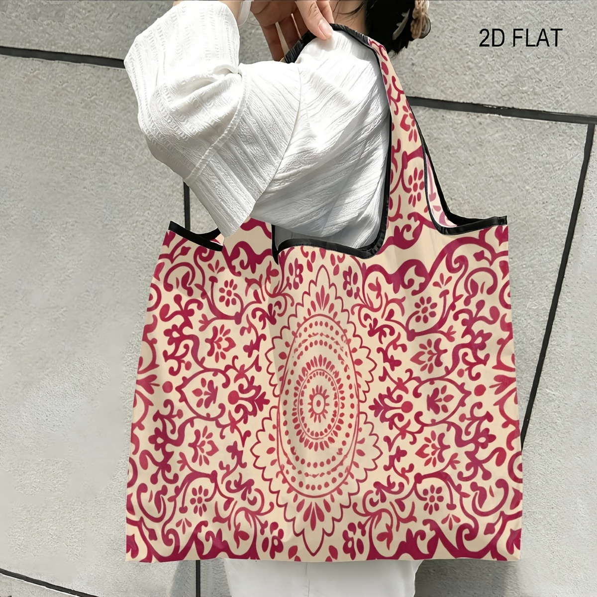 TEMU 1pc Paisley Mandala Red Tapestry Ornamental Motif Theme, Reusable Shopping Tote Bag, Easy Fold Compact Carry Bag, Spacious Lightweight Bag For