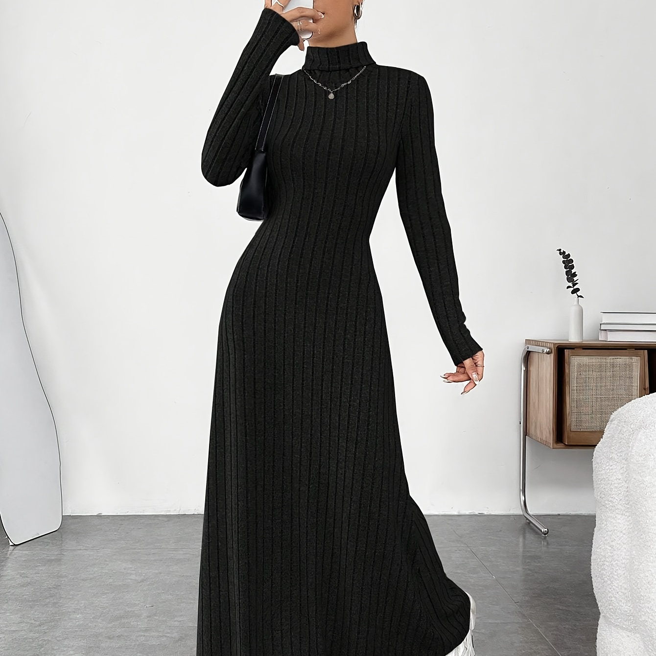

Robe Longue en pour Femmes [Style ] - Col Roulé Décontracté, Coupe Slim, , Lavable en Machine, Confort Toutes , Robe Pull à Col Roulé