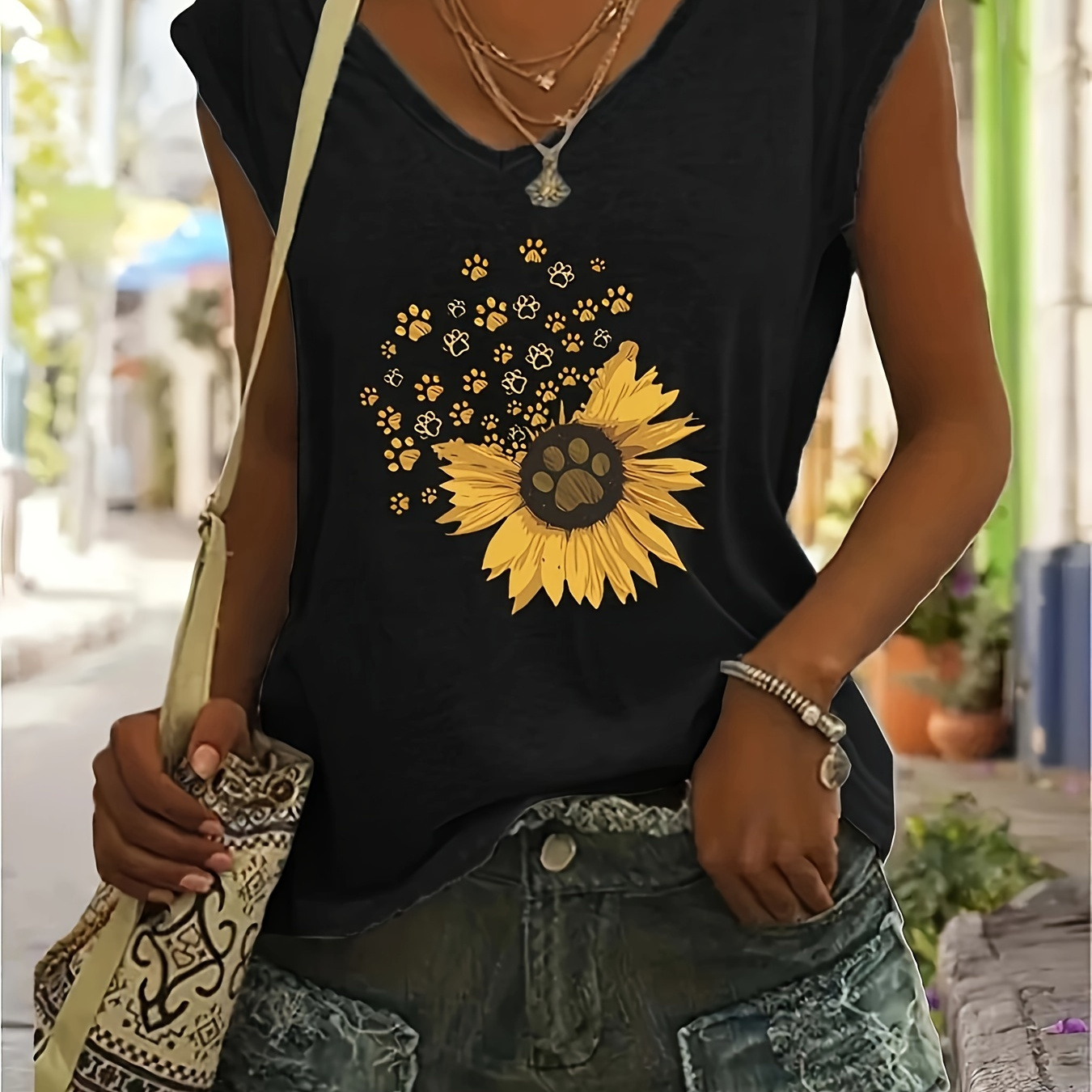 

Sunflower & Paw Print Casual T-shirt, Cap Sleeve V-neck Top For Spring & Summer, Women's Clothing