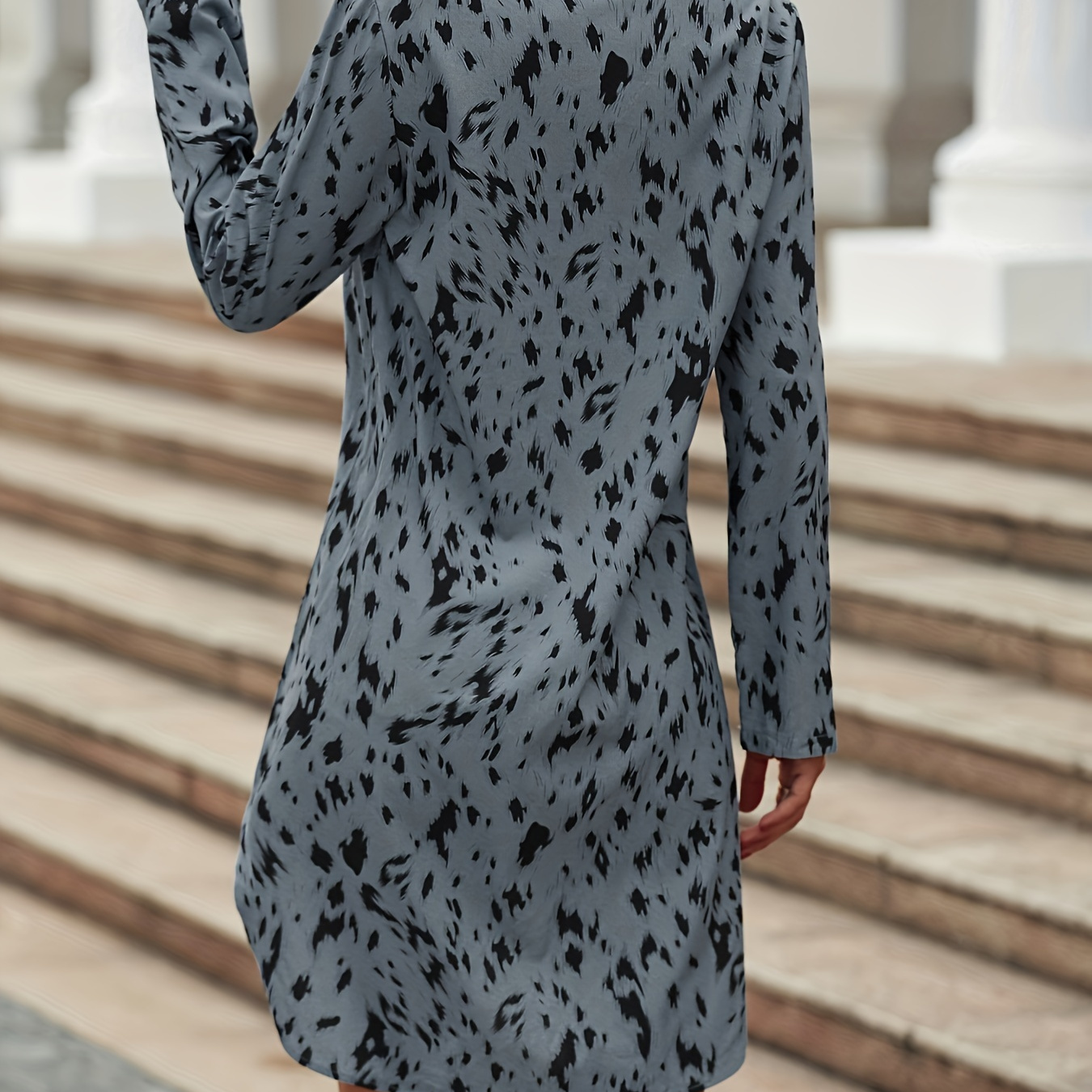 

Allover Print V Neck Dress, Elegant Long Sleeve Dress For Spring & Fall, Women's Clothing