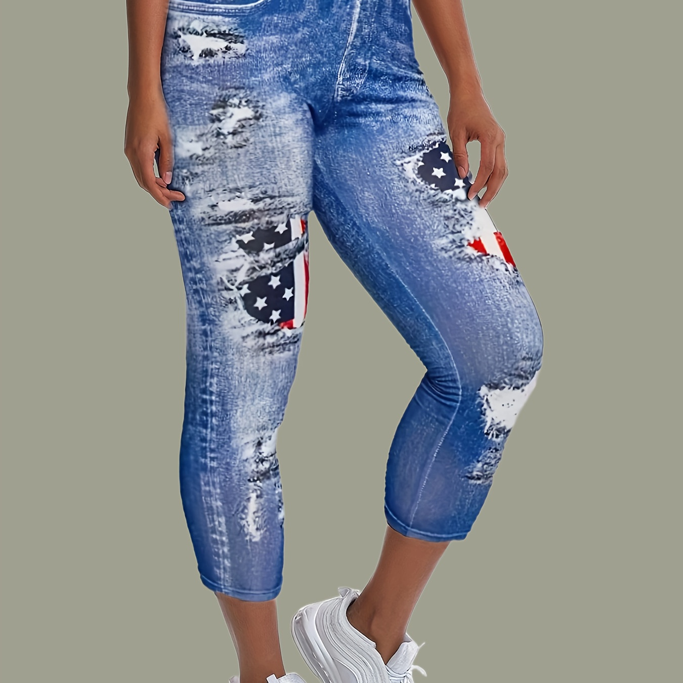 

Imitation Denim & Flag Print Leggings, Casual Skinny Cropped Leggings, Women's Clothing