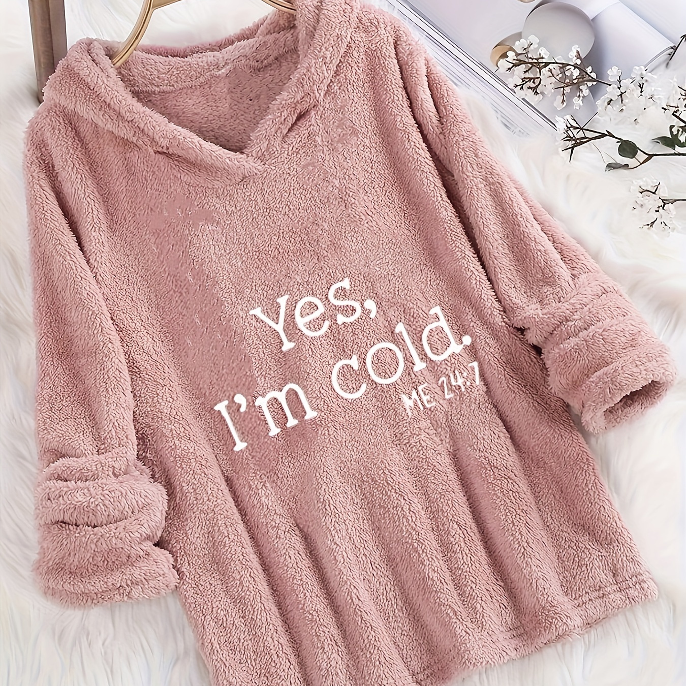 

I'm Cold Letter Print Fuzzy Hoodie, Casual Long Sleeve Oversized Sweatshirt, Women's Clothing