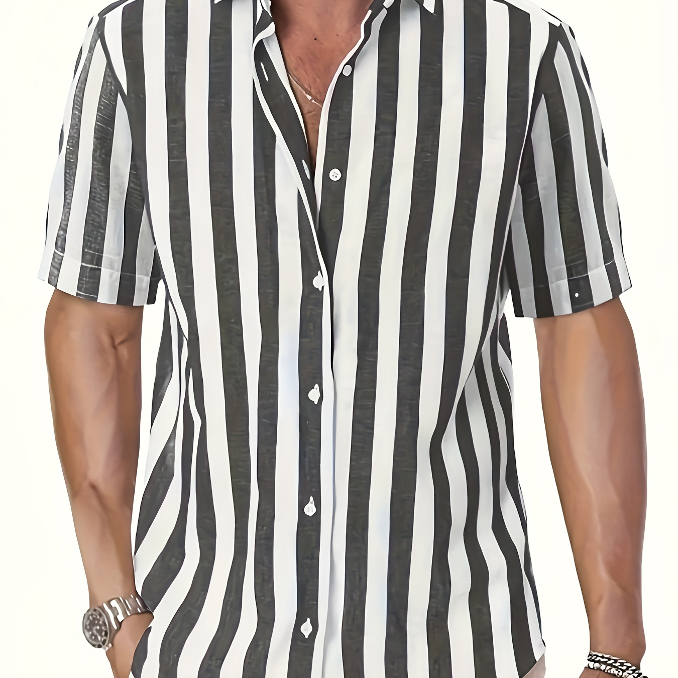 

Men's Casual Button Up Lapel Collar Shirt With Stylish Stripe, Men's Classic Striped Short Sleeve Shirt For Summer Vacation And Casual Wear