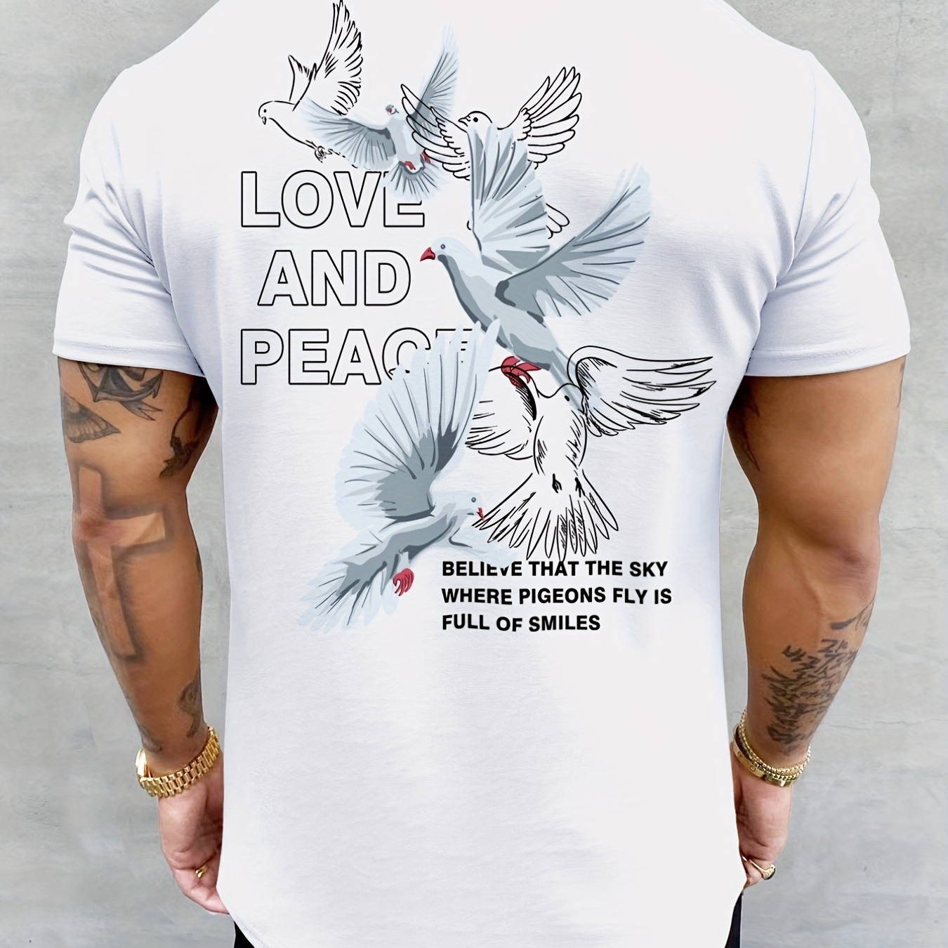 

'love And Peace' Doves Print T Shirt, Tees For Men, Casual Short Sleeve Tshirt For Summer Spring Fall, Tops As Gifts