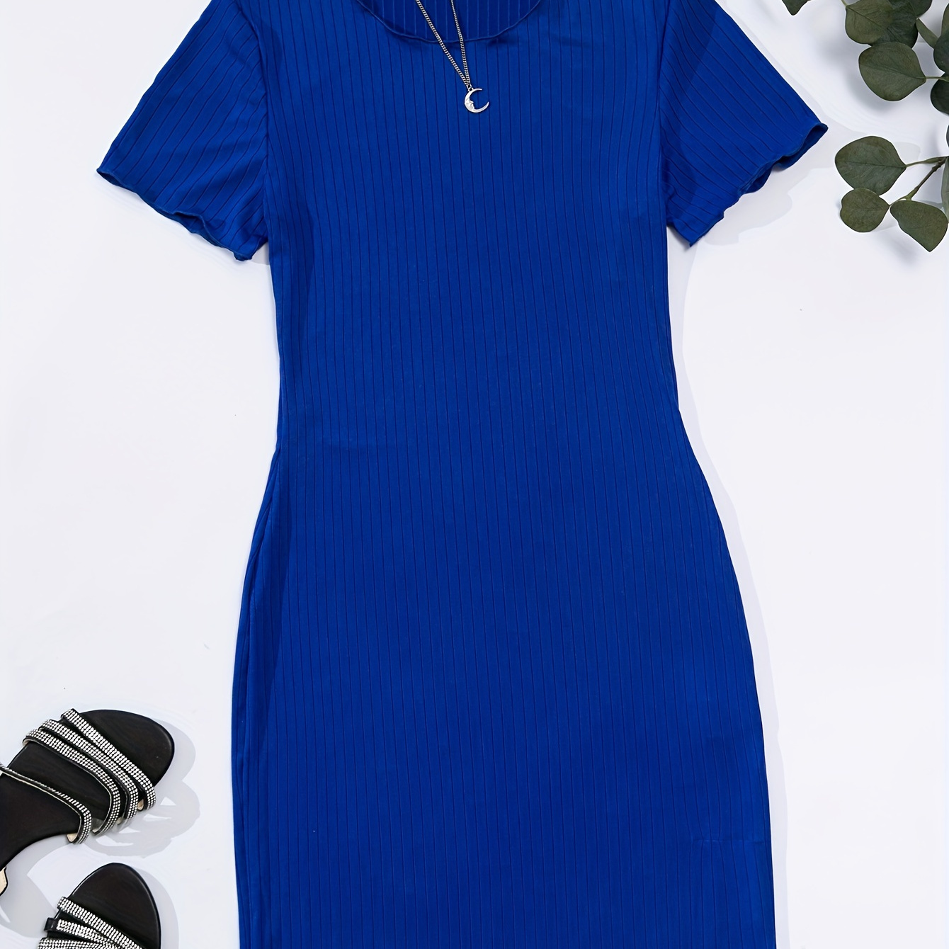 

Solid Crew Neck Dress, Elegant Short Sleeve Lettuce Trim Dress, Women's Clothing