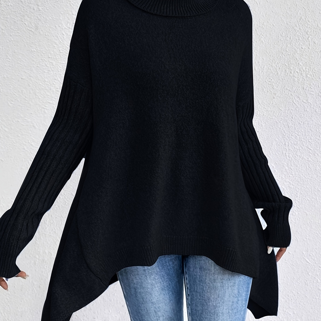 

Plus Size Hem Knitted , Turtleneck Long Sleeve For Fall & , Women's Plus Size Clothing