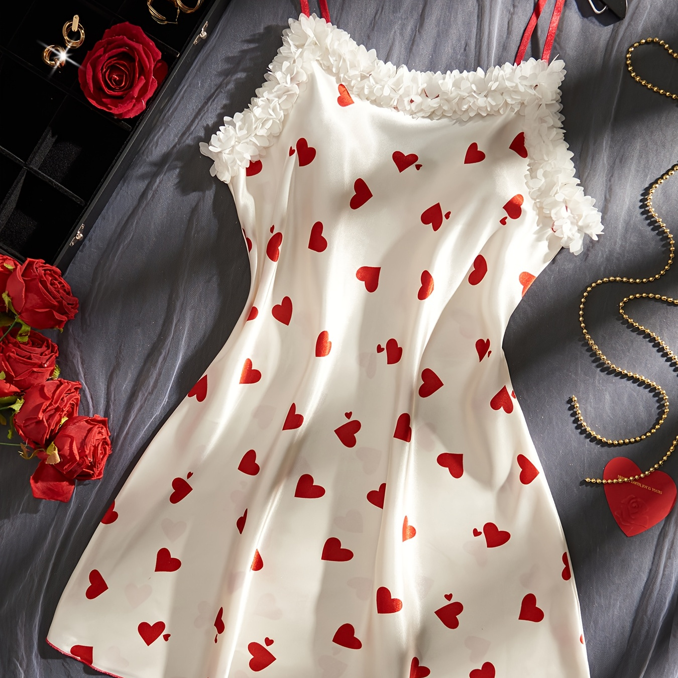 

1pc Sexy Off-the-shoulder Heart Pattern Slip Dress For Women, Polyester 90% Elastane 10%, Woven Applique, Valentine's Day New Year'