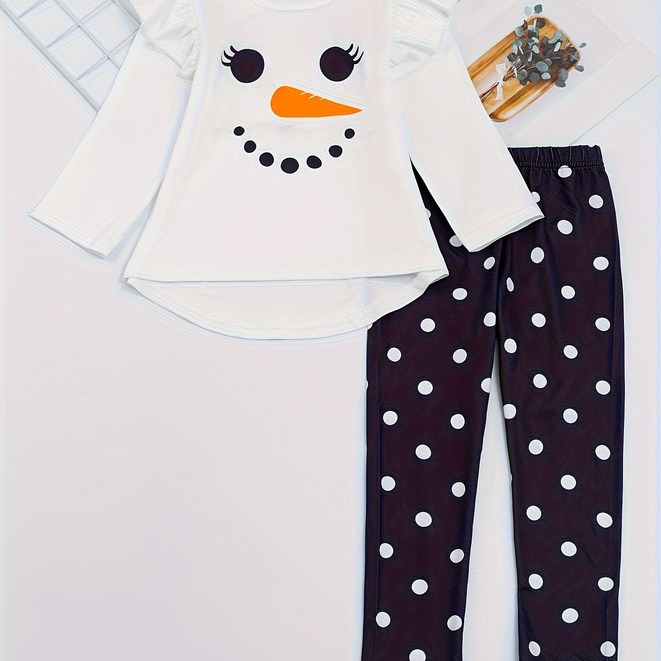 

Cute Christmas Sets Girls 2pcs Snowman Design Flutter Trim Top + Pants Kids Clothes For Fall