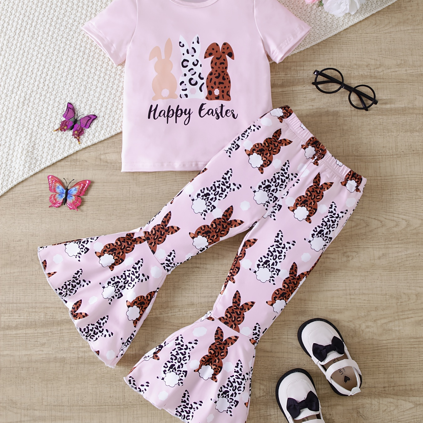 

Girls 2pcs Easter Bunny Graphic Outfits Short Sleeve Top + Flare Pants Set Spring Summer Easter