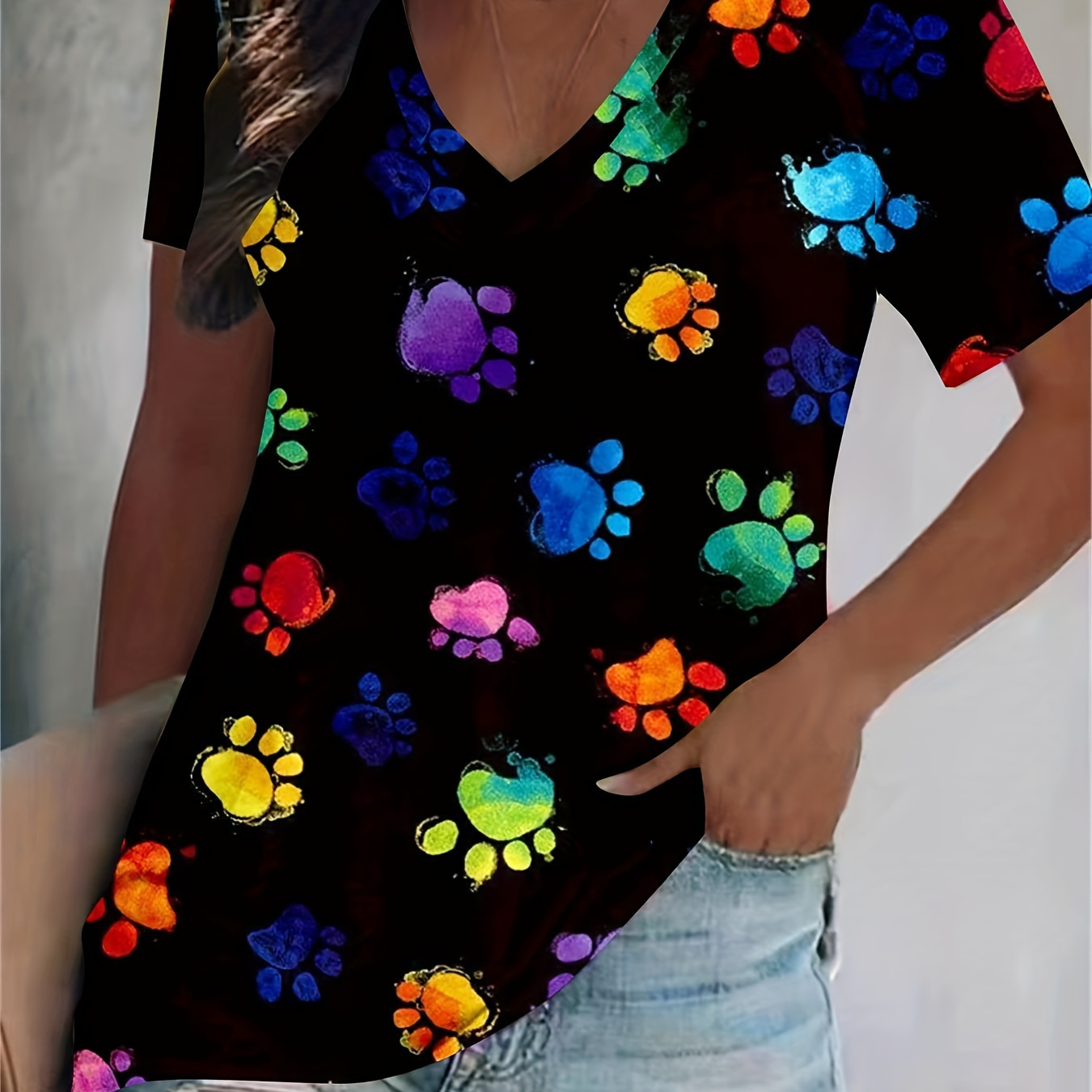 

Paw Print V Neck T-shirt, Casual Short Sleeve T-shirt For Spring & Summer, Women's Clothing