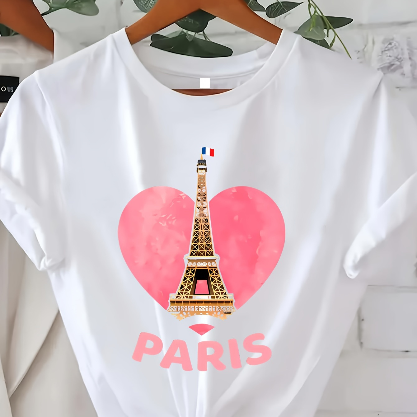 

Paris Print T-shirt, Short Sleeve Crew Neck Casual Top For Summer & Spring, Women's Clothing