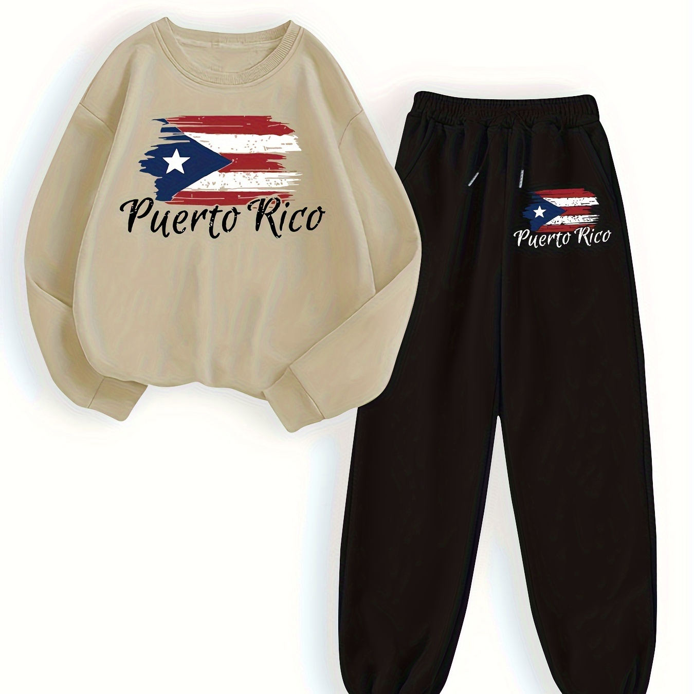 

Puerto Flag Print Sweatshirt And Joggers Set For Women - Long Sleeve Crew Neck Casual Pullover And Pants Suit - 100% Polyester Knit Fabric - Geometric Pattern - Fall/