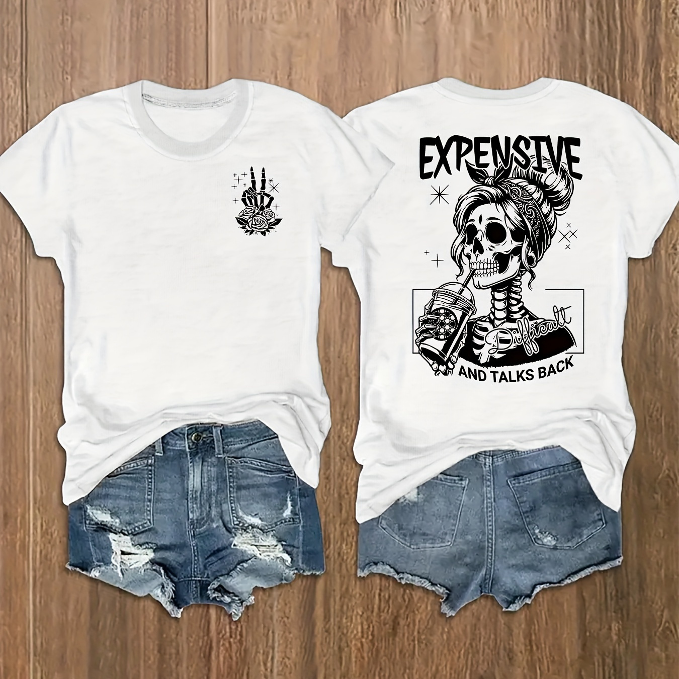 

Skeleton Print T-shirt, Short Sleeve Crew Neck Casual Top For Summer & Spring, Women's Clothing