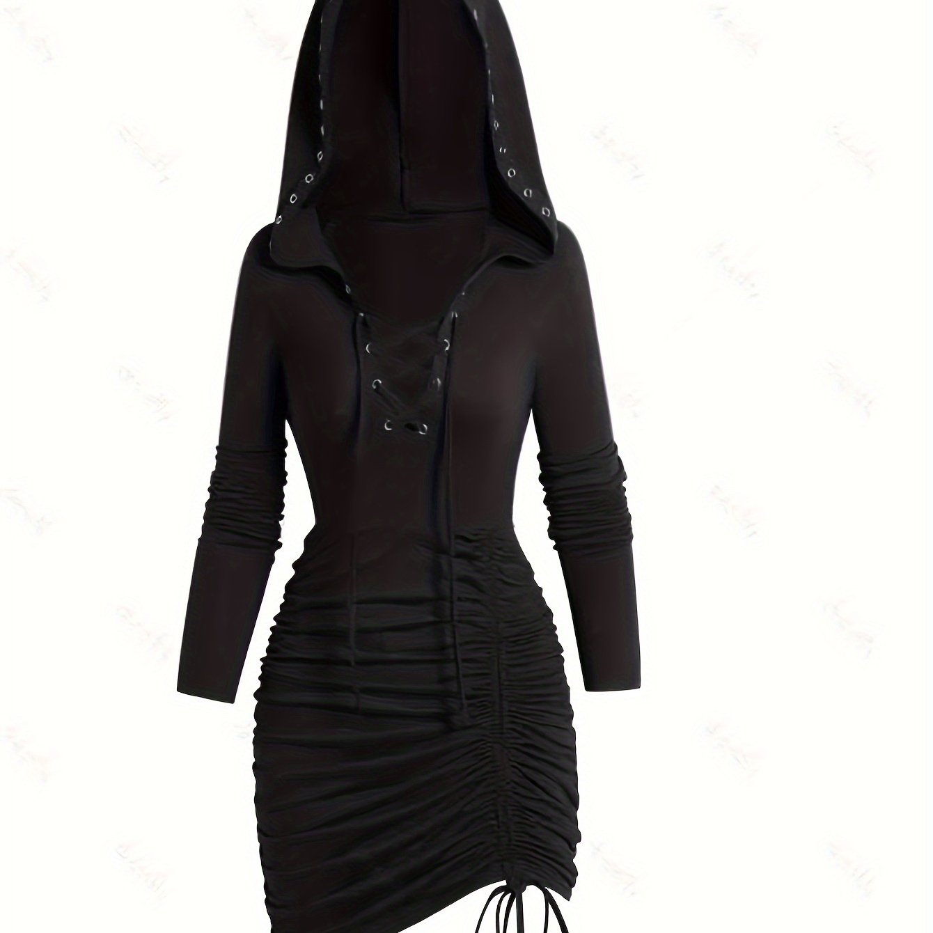 

Cross Tie Drawstring Ruched Hooded Tunics, Versatile Long Sleeve Solid Hooded Top, Women's Clothing