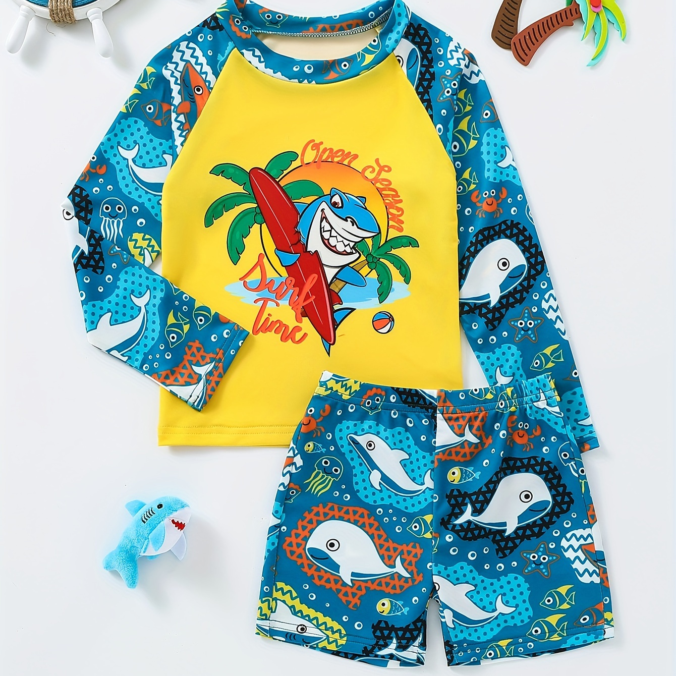 

2pcs Cartoon Shark And Whale Pattern Swimsuit For Boys, Long Sleeve T-shirt & Swim Trunks Set, Stretchy Surfing Suit, Boys Swimwear For Summer Beach Vacation