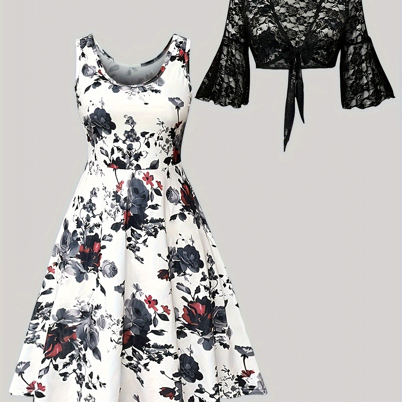 

Large Size Women's Lace Jacket And Fashion Print Vest Dress Two-piece Set