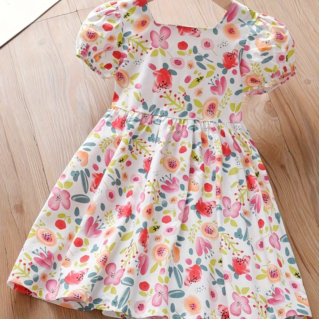

Summer Girls Casual Cute Floral Print Puff Sleeve Dress