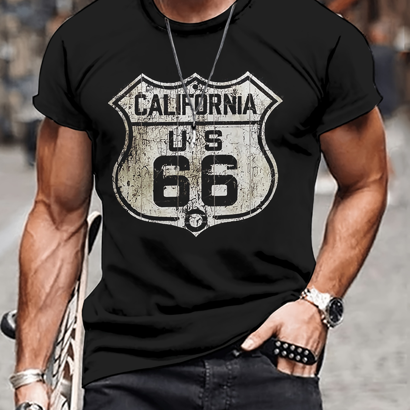 

Men's California Us 66 Print T-shirt, Casual Short Sleeve Crew Neck Tee, Men's Clothing For Outdoor