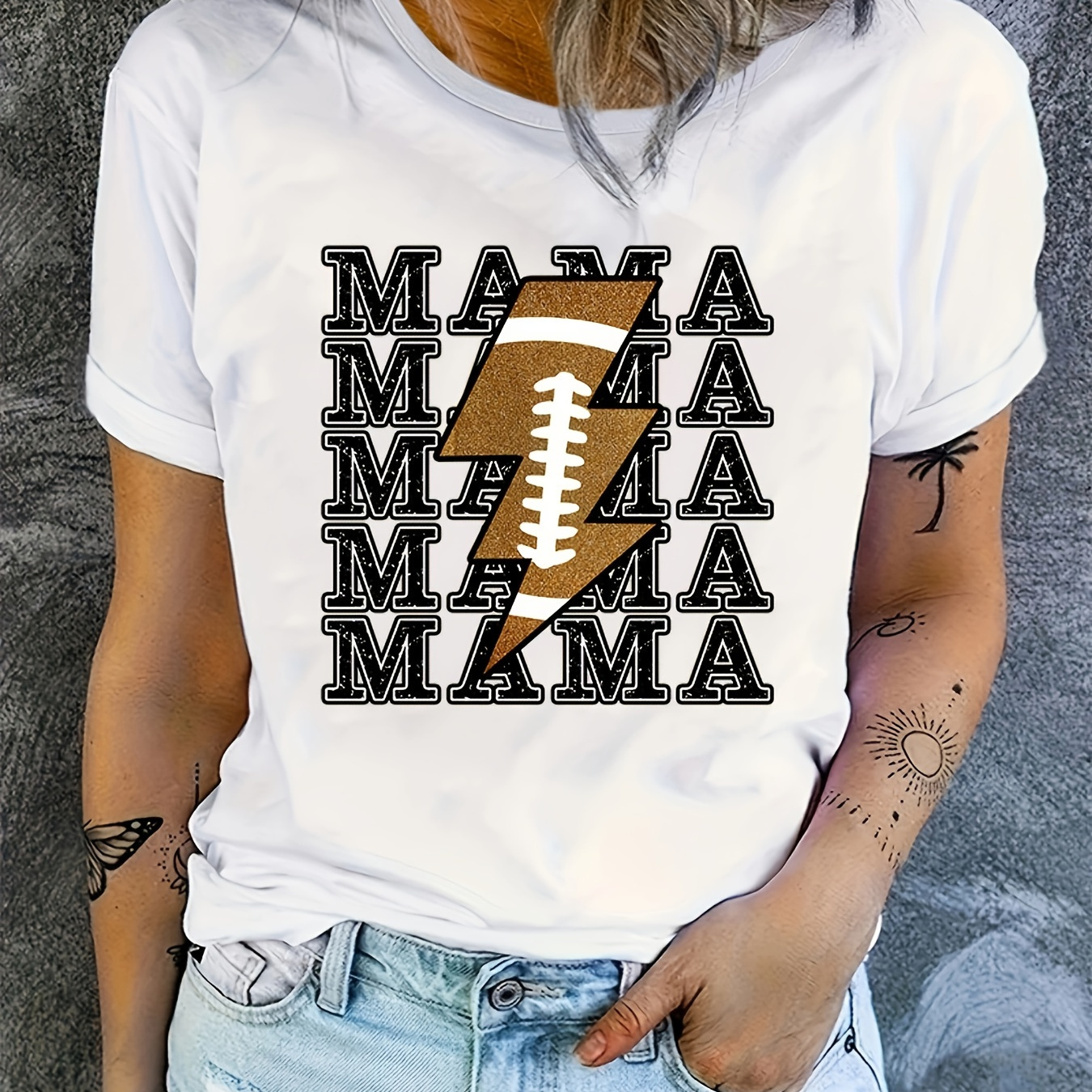 

Mama Letter & Football Lightning Graphic Sports T-shirt, Short Sleeves Round Neck Workout Tops, Women's Activewear