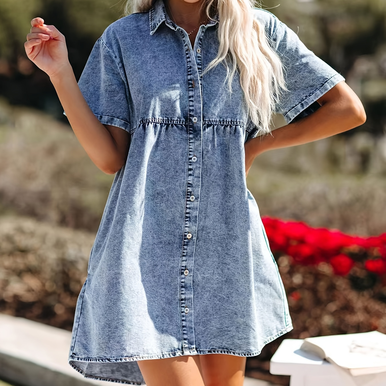 

Casual Cute Plain Washed Blue Short Sleeve Lapel Loose Fit Denim Shirt Dress, Women's Denim Jeans & Clothing