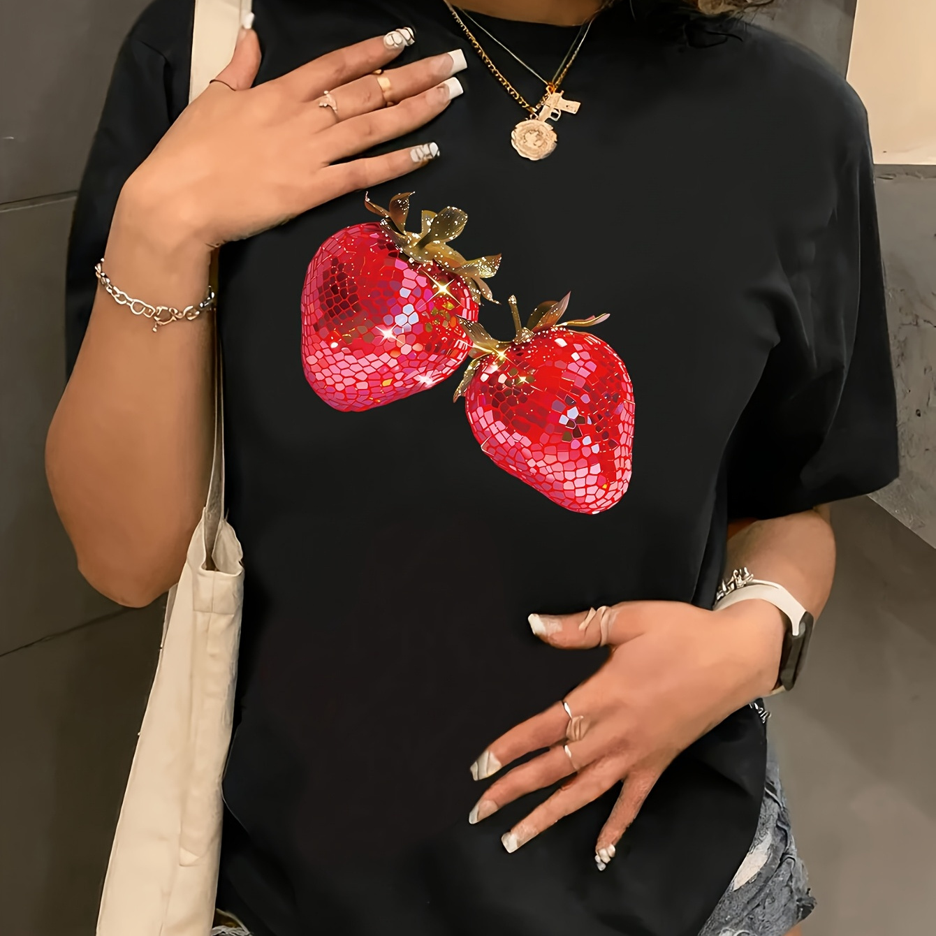 

[stretchable Fit] Women's Plus Size Casual Short Sleeve Round Neck T-shirt With Strawberry & - Black Polyester Knit Top For Summer, Casual Attire | Graphic Tee | Stretchy Polyester, Ladies T Shirts