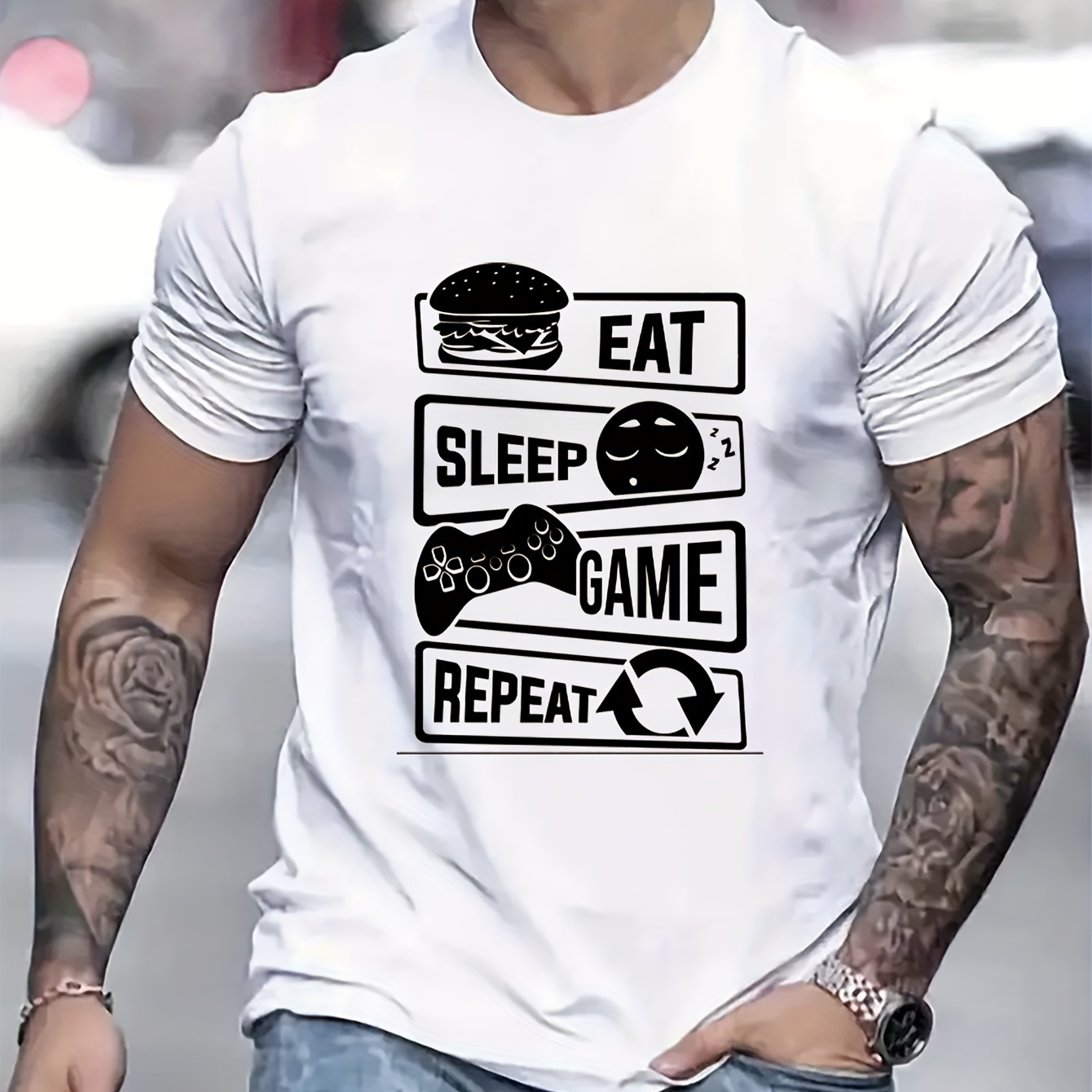 

Eat Sleep Game Repeat "stylish Print Summer & Spring Tee For Men, Casual Short Sleeve Fashion Style T-shirt, Sporty New Arrival Novelty Top For Leisure
