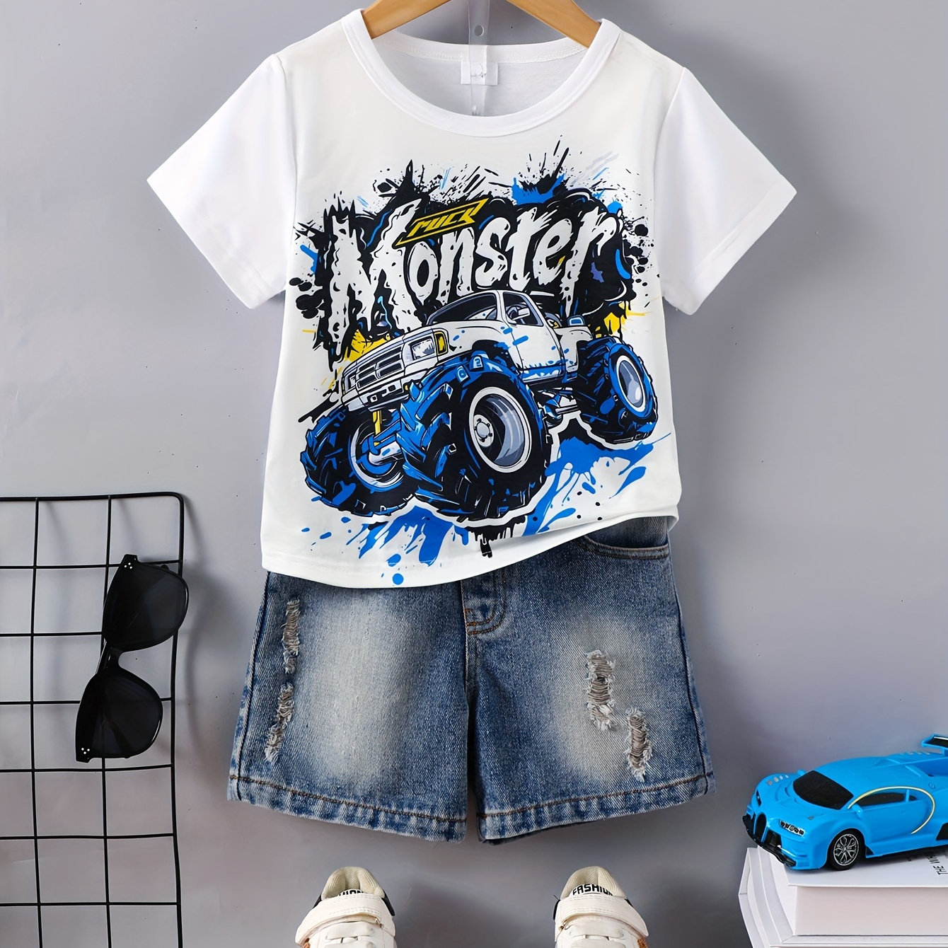 

Round Neck Short-sleeved Car Print Boys T-shirt Top + Denim Shorts, Summer Casual Street Boys Two-piece Set