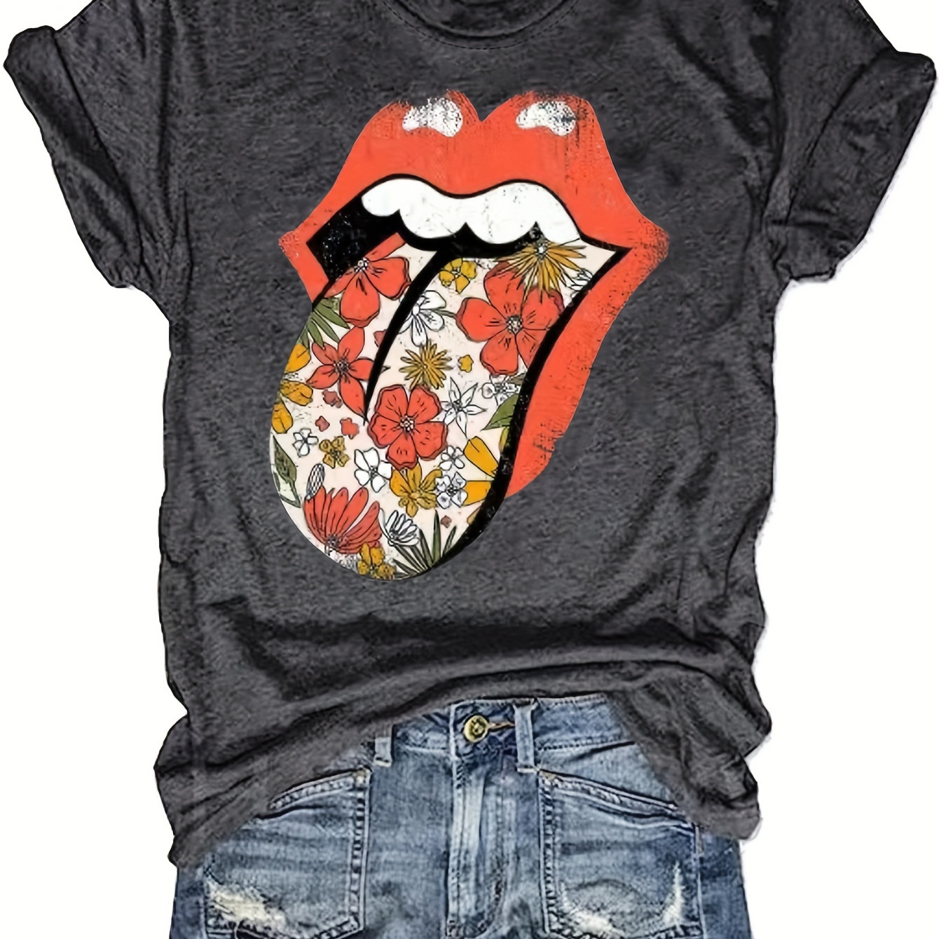 

Lips Print Crew Neck T-shirt, Casual Short Sleeve Top For Spring & Summer, Women's Clothing