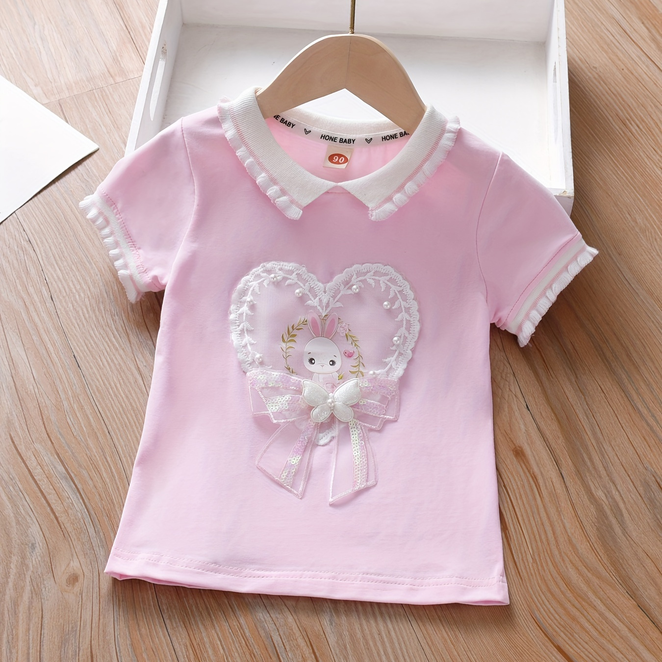 

Cute Girls T-shirt Soft Cotton Elaborate Embroidery Cartoon Bunny Graphic Tees Breathable Comfy Top Kids Play Wear Clothes Summer
