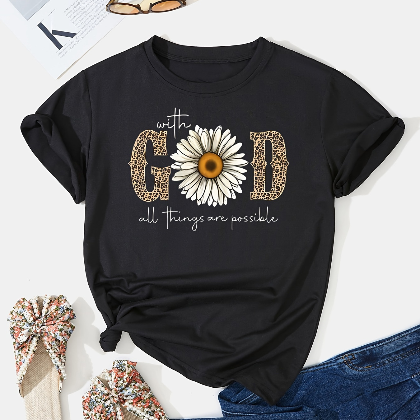 

Graphic & Letter Print Crew Neck T-shirt, Casual Loose Short Sleeve Fashion Summer T-shirts Tops, Women's Clothing