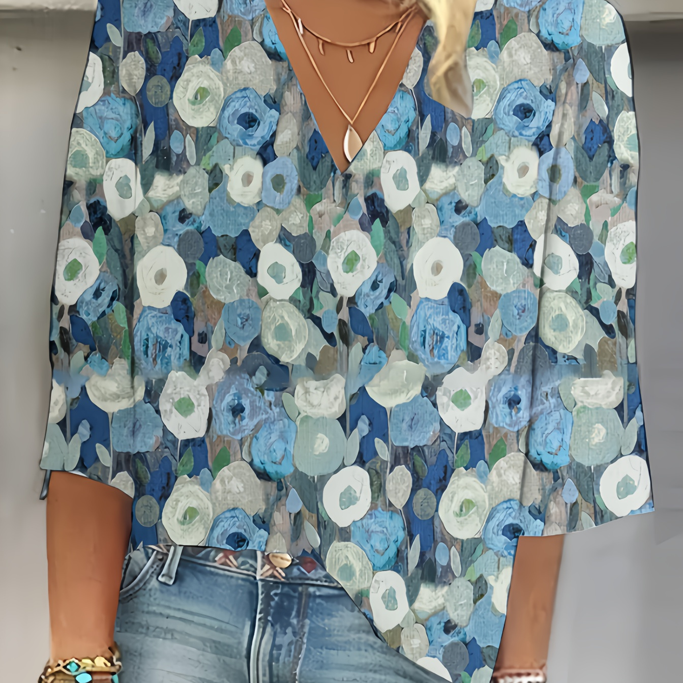 

Floral Print V Neck Blouse, Vacation 3/4 Sleeve Top For , Women's Clothing