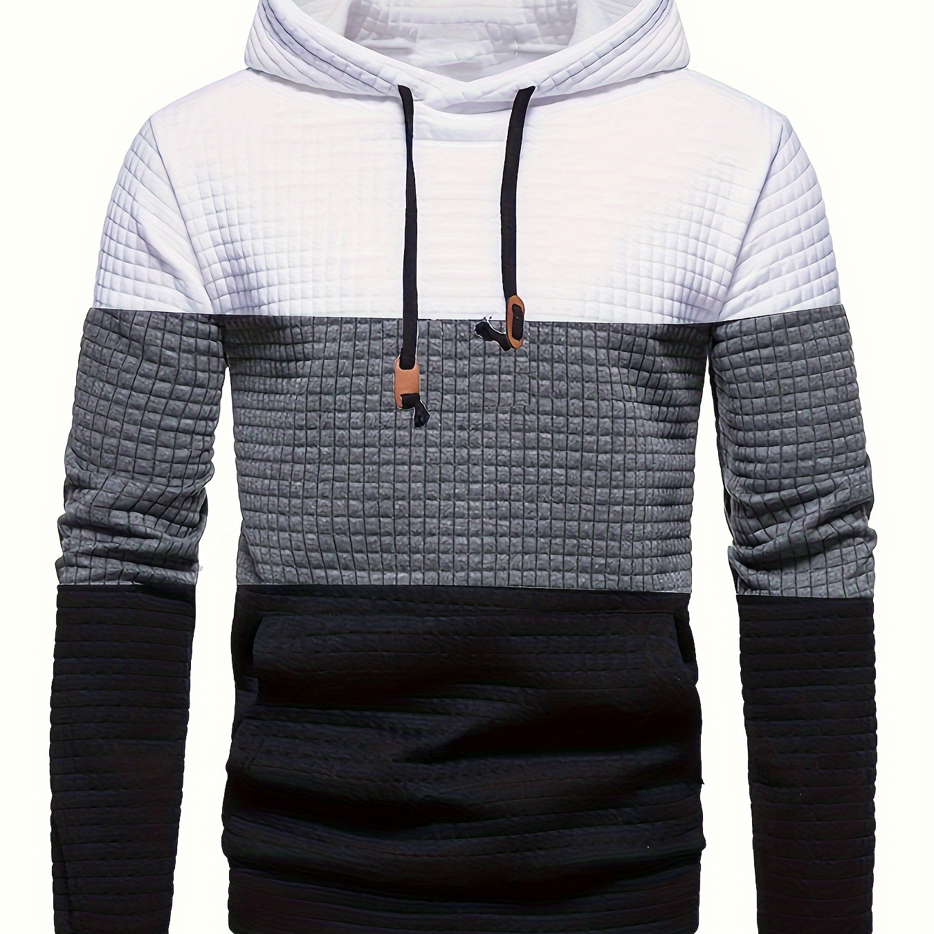 

Men's Fall Long Sleeve Hoodie Casual Grid Patchwork Pullover Sweater, Colorblock Quilted Knit Hooded Sweatshirt