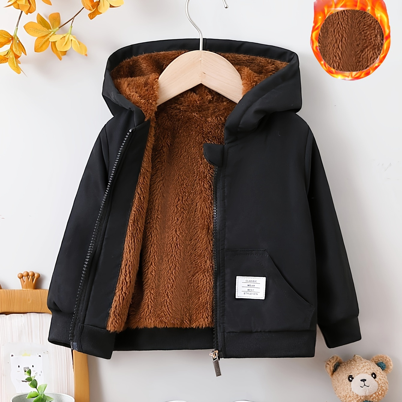 

Boys' Casual Hooded Fleece-lined Jacket With Zipper Pocket - 100% Polyester Solid Color Non-stretch Fabric, Long Sleeve Fall/winter Outerwear For Children Under 12 - Hooded Neck Regular Fit Woven Coat