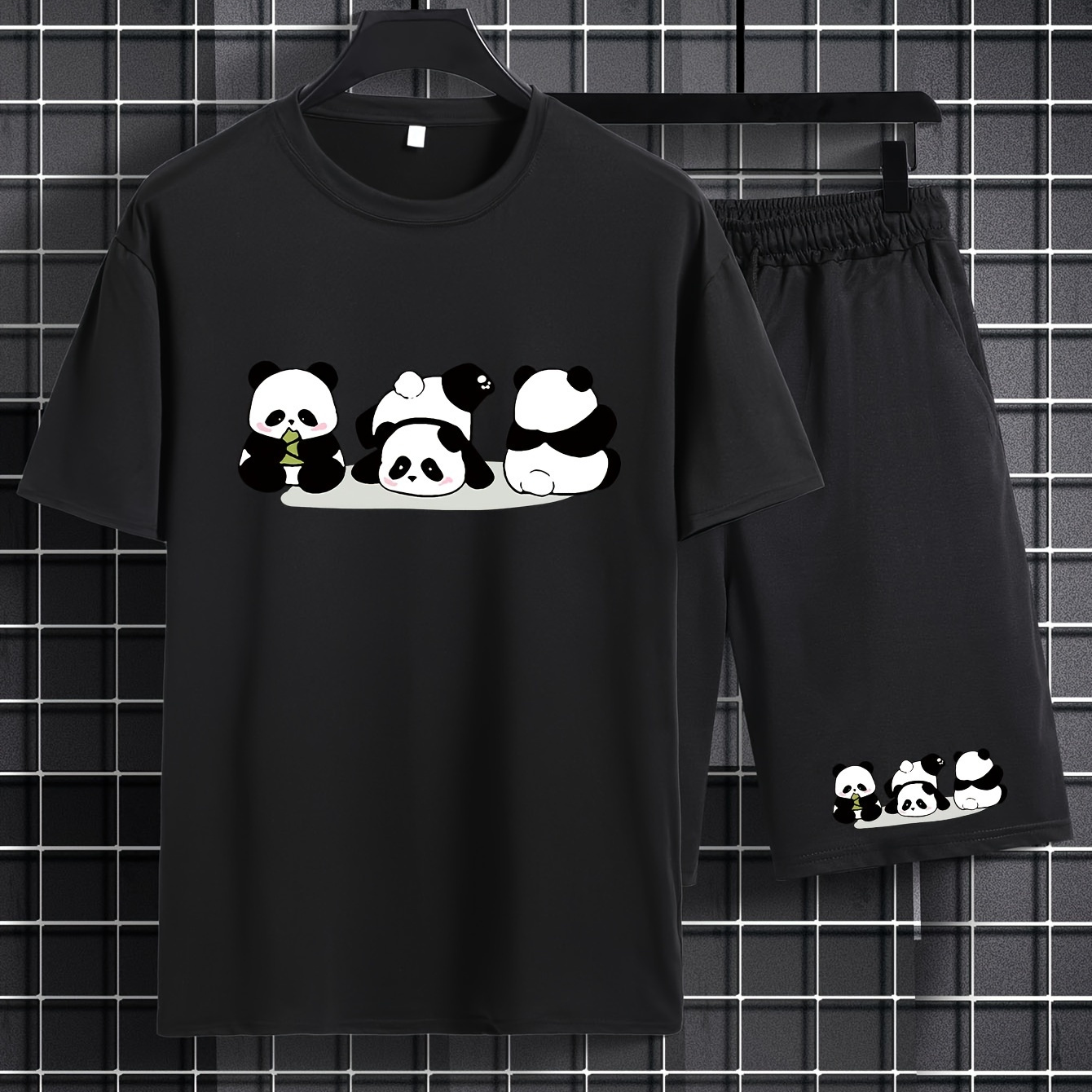

Cute Pandas Graphic Print, 2pcs Trendy Outfits For Men, Men’s Casual Crew Neck Short Sleeve T-shirt And Drawstring Shorts Set For Summer, Men's Clothing For Vacation And Workout