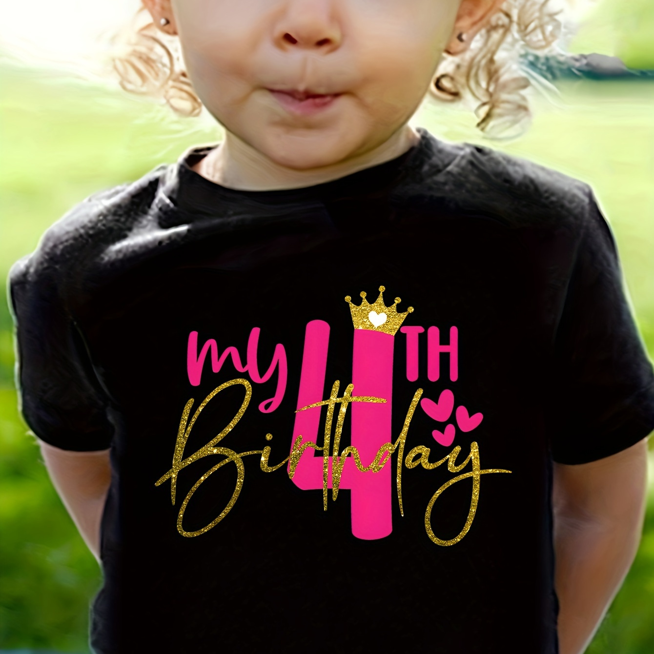 

Graffiti My 4th Birthday & Crown Graphic Print, Girls' Casual & Comfy Crew Neck Short Sleeve T-shirt For Spring & Summer, Girls' Clothes For Outdoor Activities