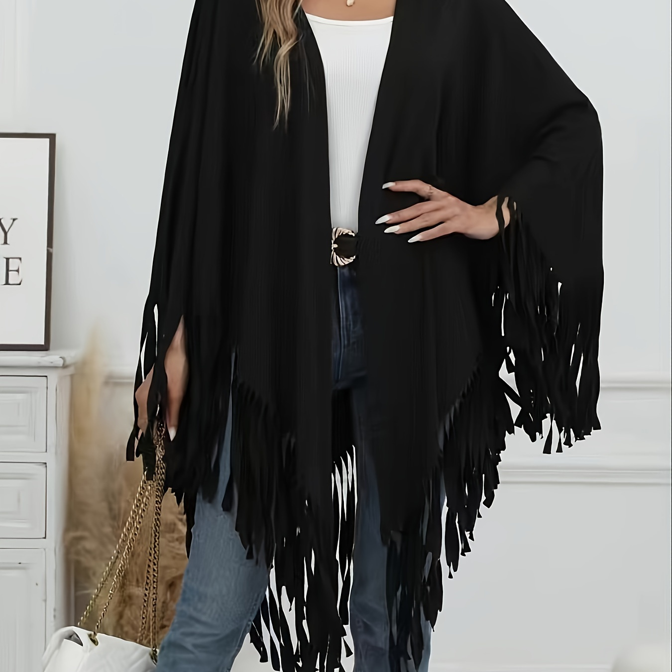 

Poncho femme à franges, longues manches en d' de chauve-souris, , polyester, ajustement décontracté, devant ouvert, printemps/automne, doublure, ourlet évasé, ajustement décontracté