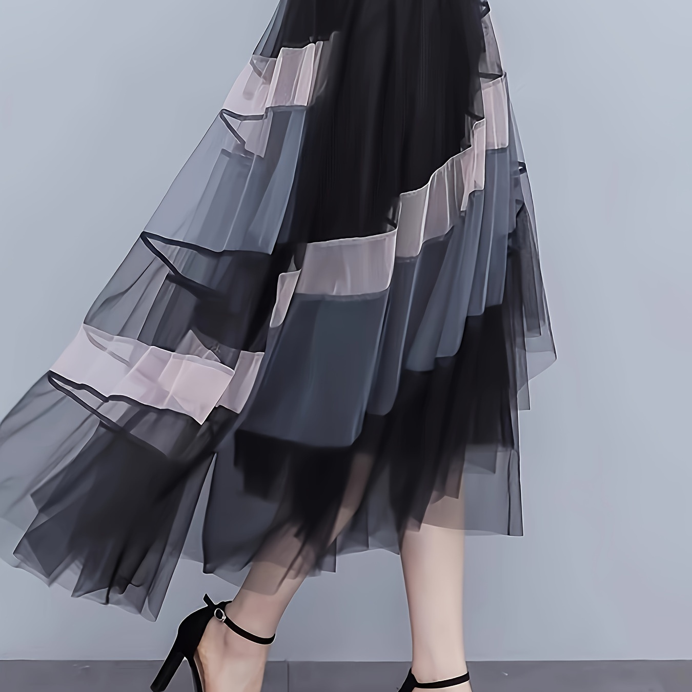 

Color Block Mesh Splicing Skirt, Elegant High Low Ruffle Hem Asymmetrical Skirt, Women's Clothing