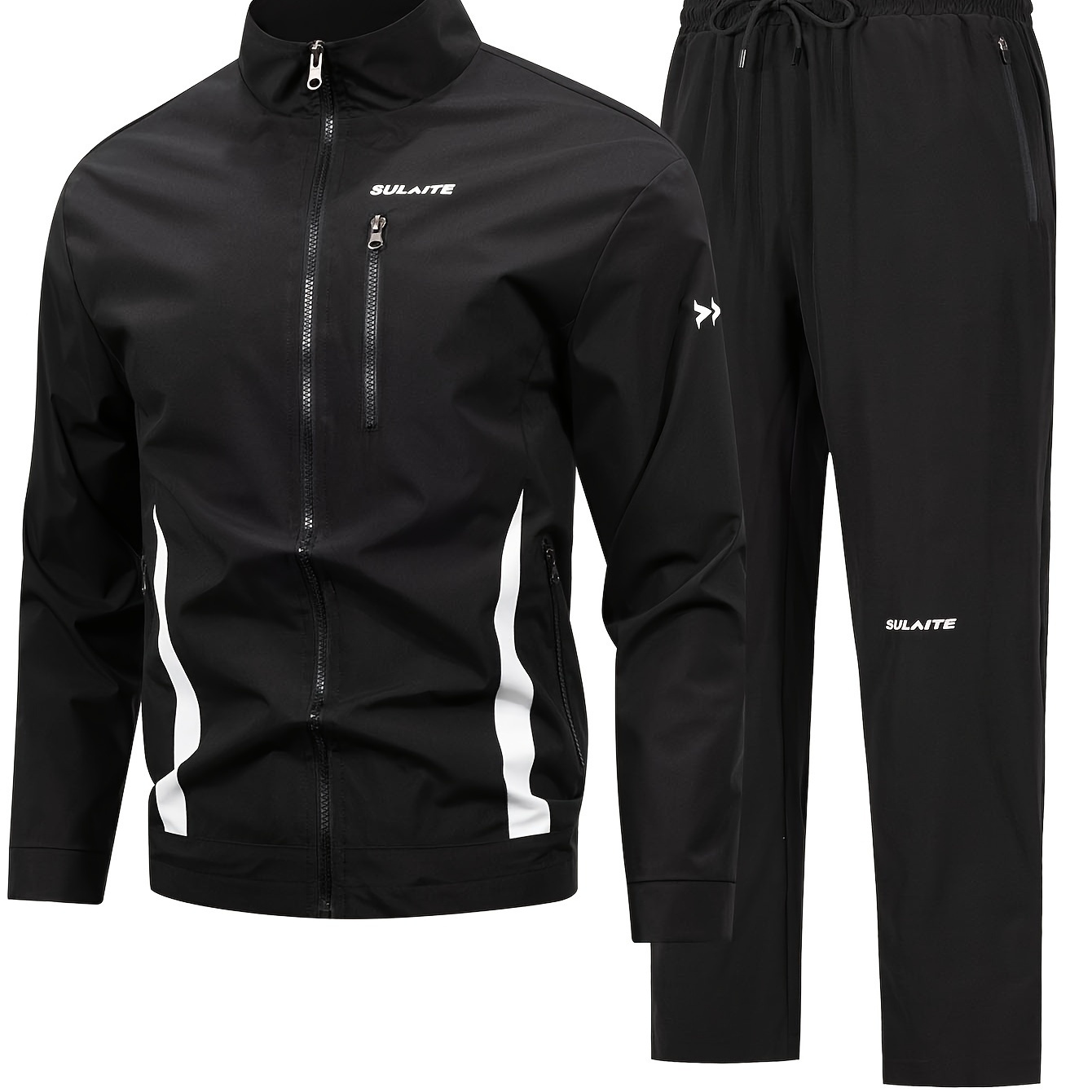 

Men's Athletic Tracksuit Set - Striped Zip-up Jacket With Stand Collar & Matching Joggers, 100% Polyester, Machine Washable - Sporty Outdoor Racing Suit