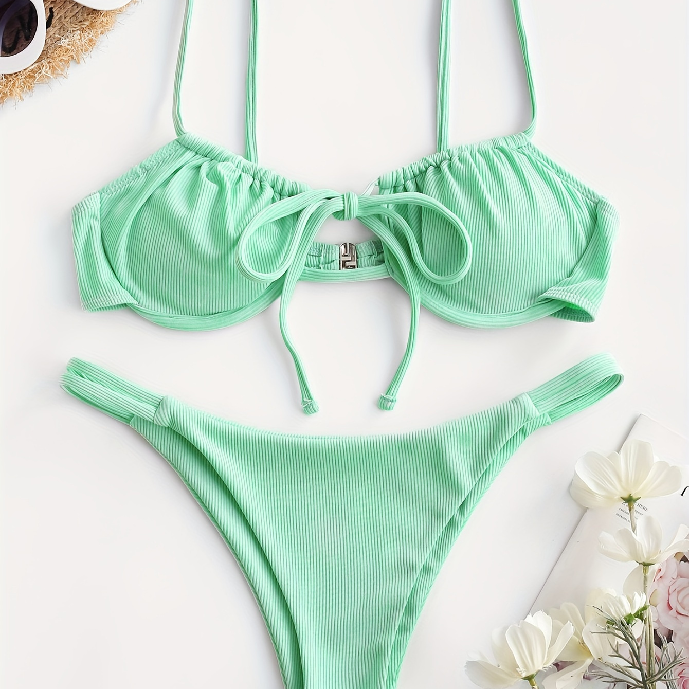 

Plain Mint Green Rib Knit 2 Piece Set Bikini, Hollow Out Tie Front Spaghetti Strap Medium Stretch Swimsuits, Women's Swimwear & Clothing
