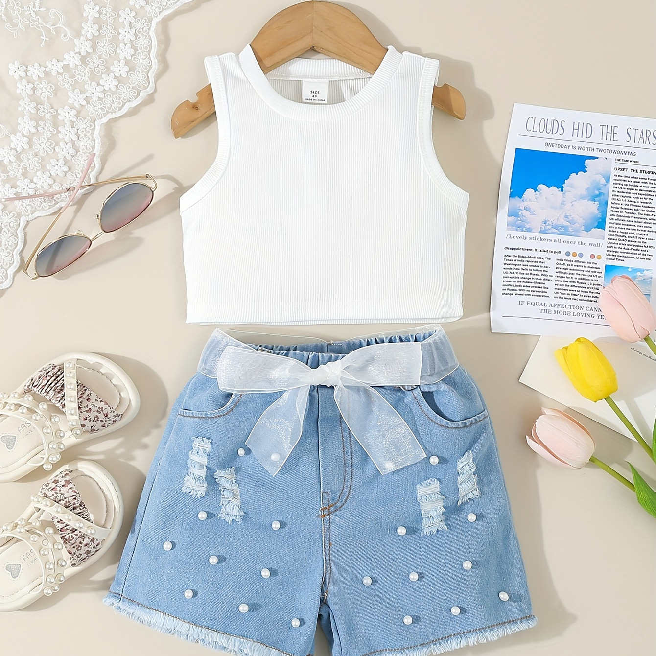 

Girl's Outfit Basic Tank Top + Raw Hem Pearls Design Denim Shorts Daily Summer Set, Girls Clothes, Gift