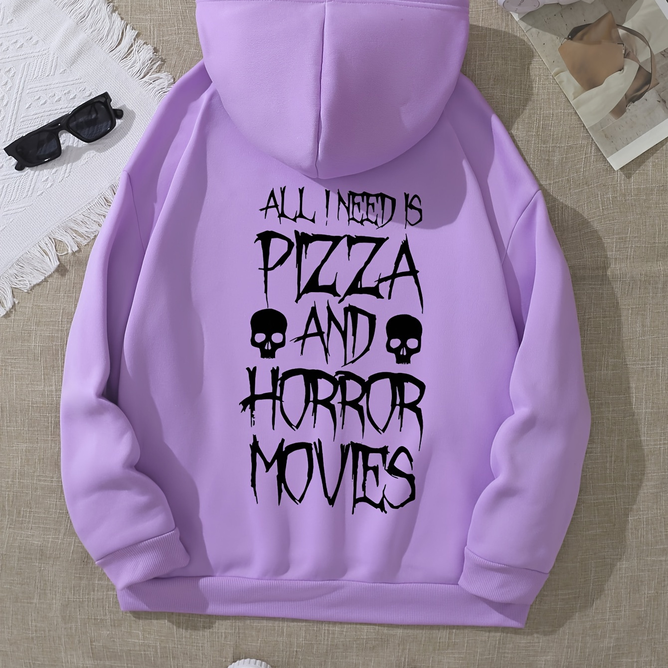 

Plus Size Halloween Casual Hoodie, Women's Plus Skull & Slogan Print Long Sleeve Drawstring Fleece Hoodie With Kangaroo Pockets