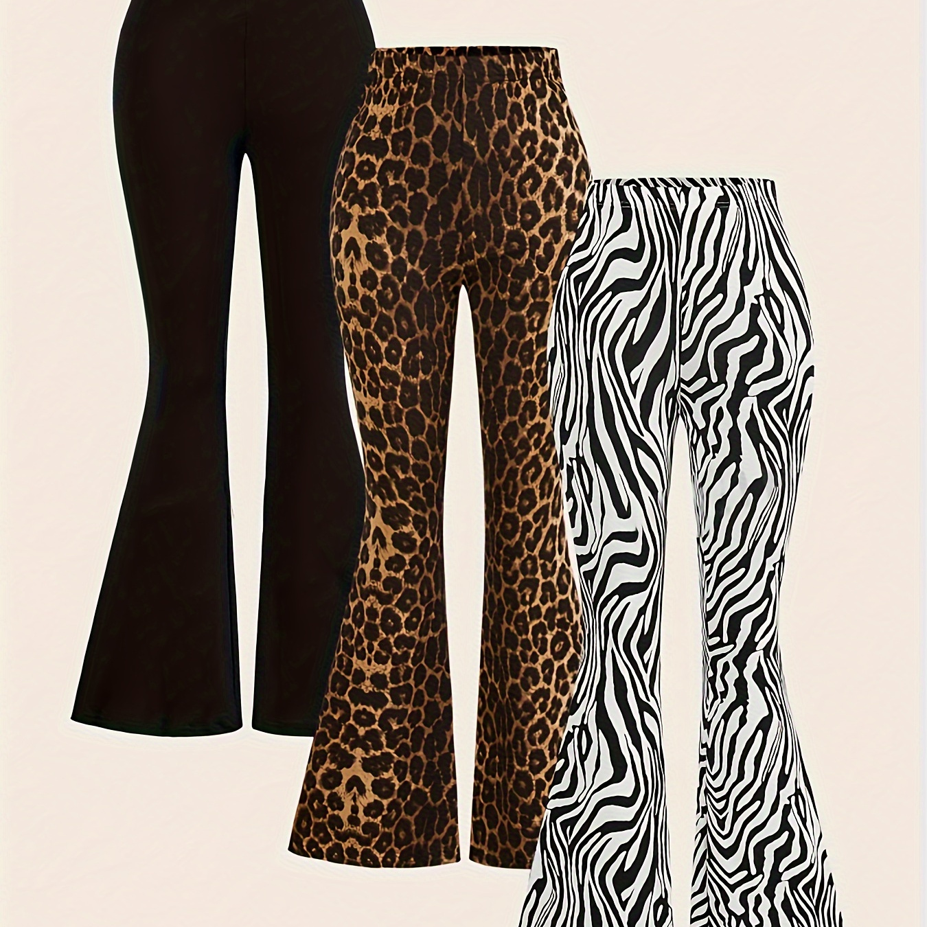 

3pcs Leopard & Zebra Striped & Solid Flare Leg Pants, Elegant Waist Skinny High Waist Pants For Spring & Fall, Women's Clothing