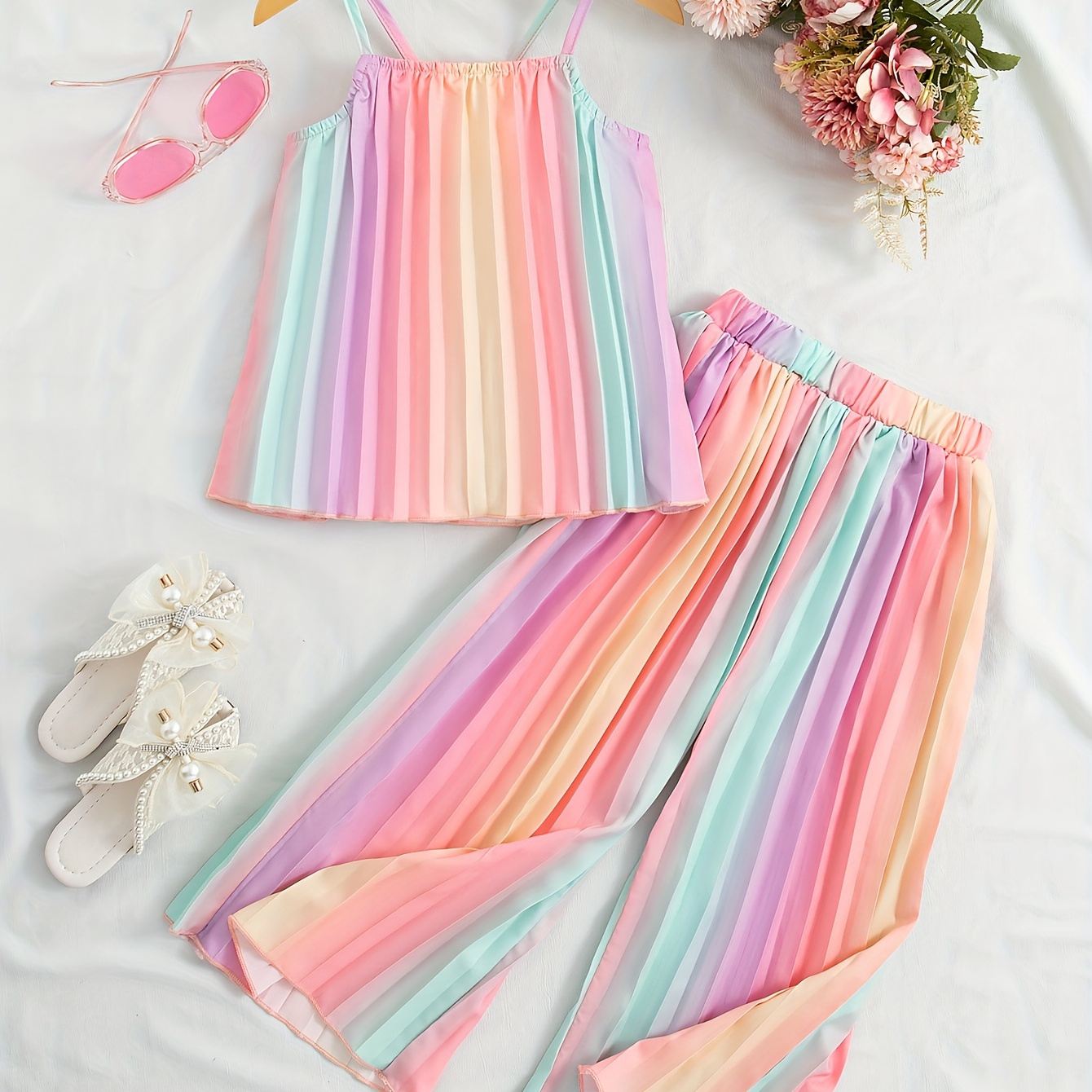

2pcs, Rainbow Stripes Print Pleated Cami Top + Wide Leg Pants Set For Girls, Comfy And Trendy Holiday Set Summer Gift, Kids' Clothing, Fluid Pants, Culotte