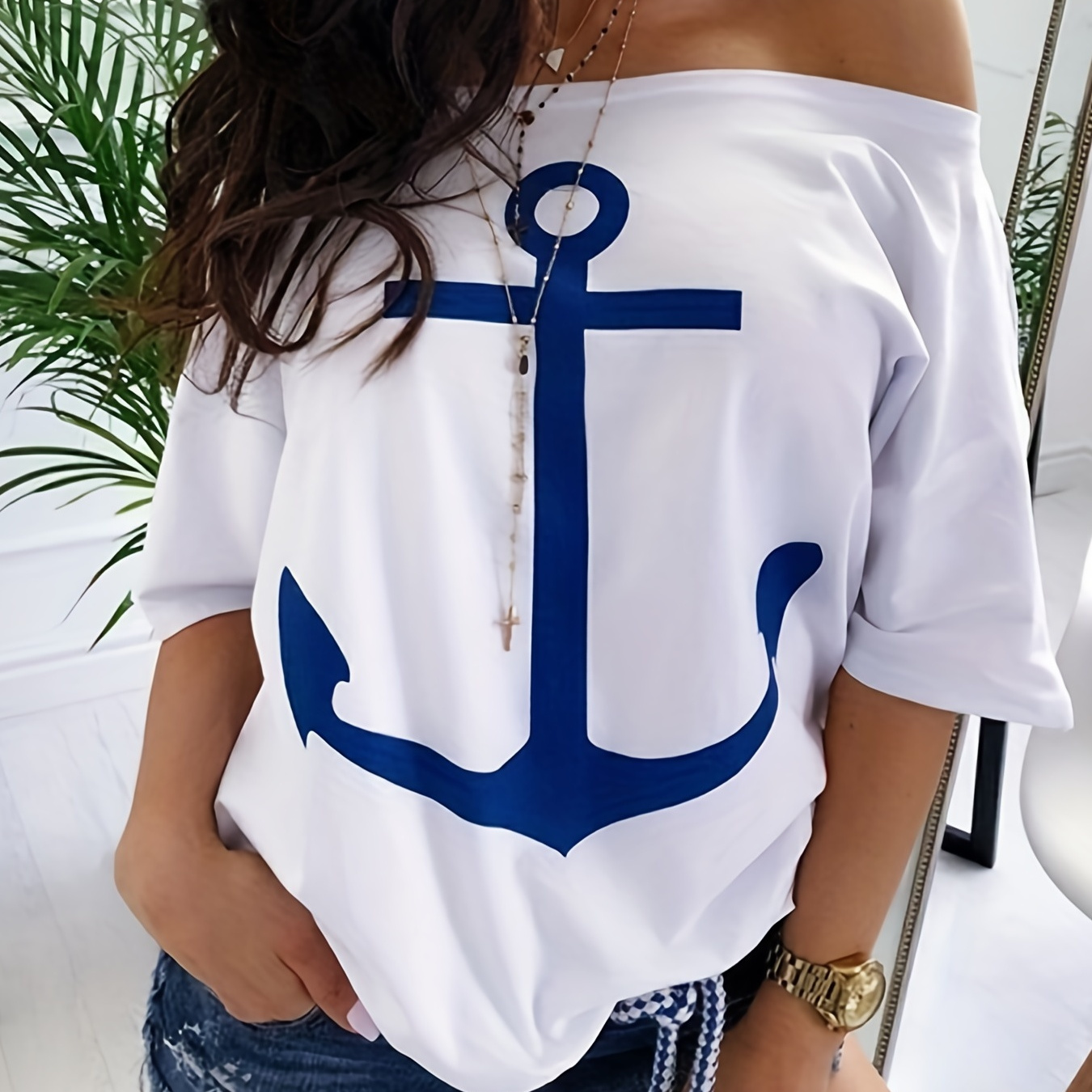 

Anchor Print Off Shoulder Top, Batwing Sleeve Loose Casual Top For Summer & Spring, Women's Clothing
