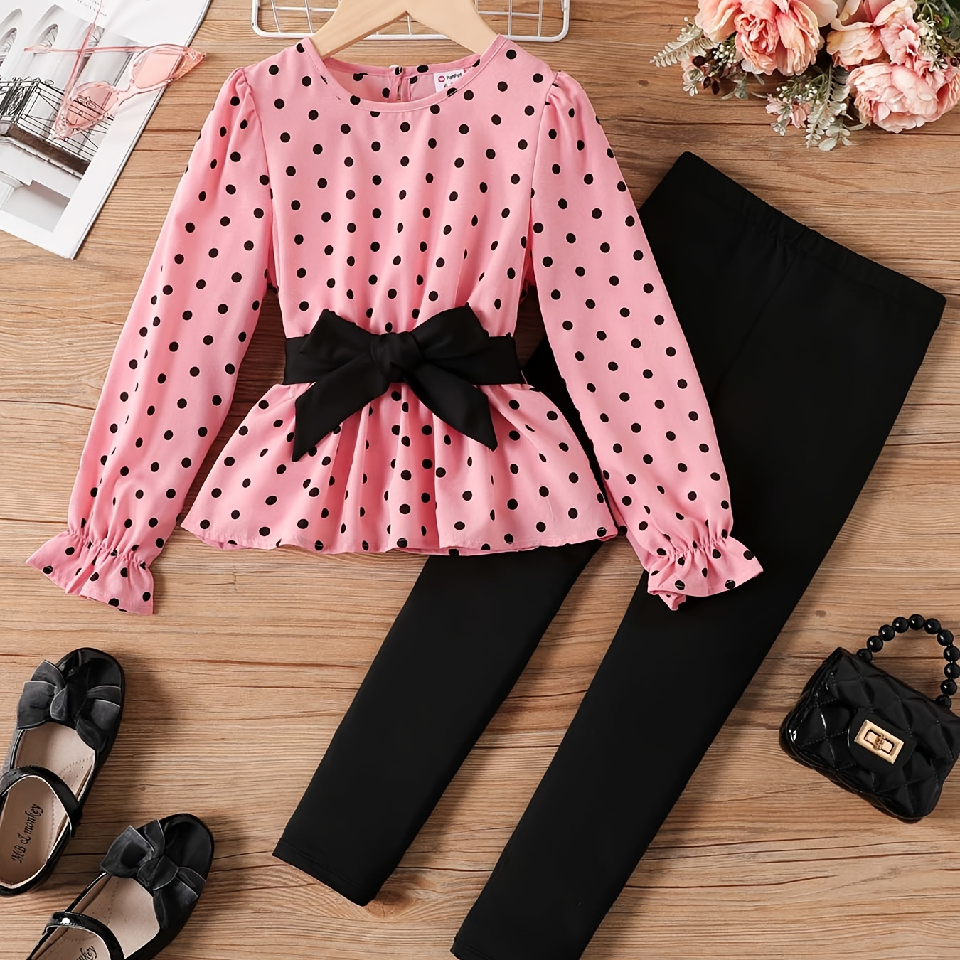 

Patpat 3pcs Kid Girl Elegant Polka Dots Round Neck Ruffled Long-sleeve Bow Belt Top And Solid Leggings Set For Spring & Autumn/fall