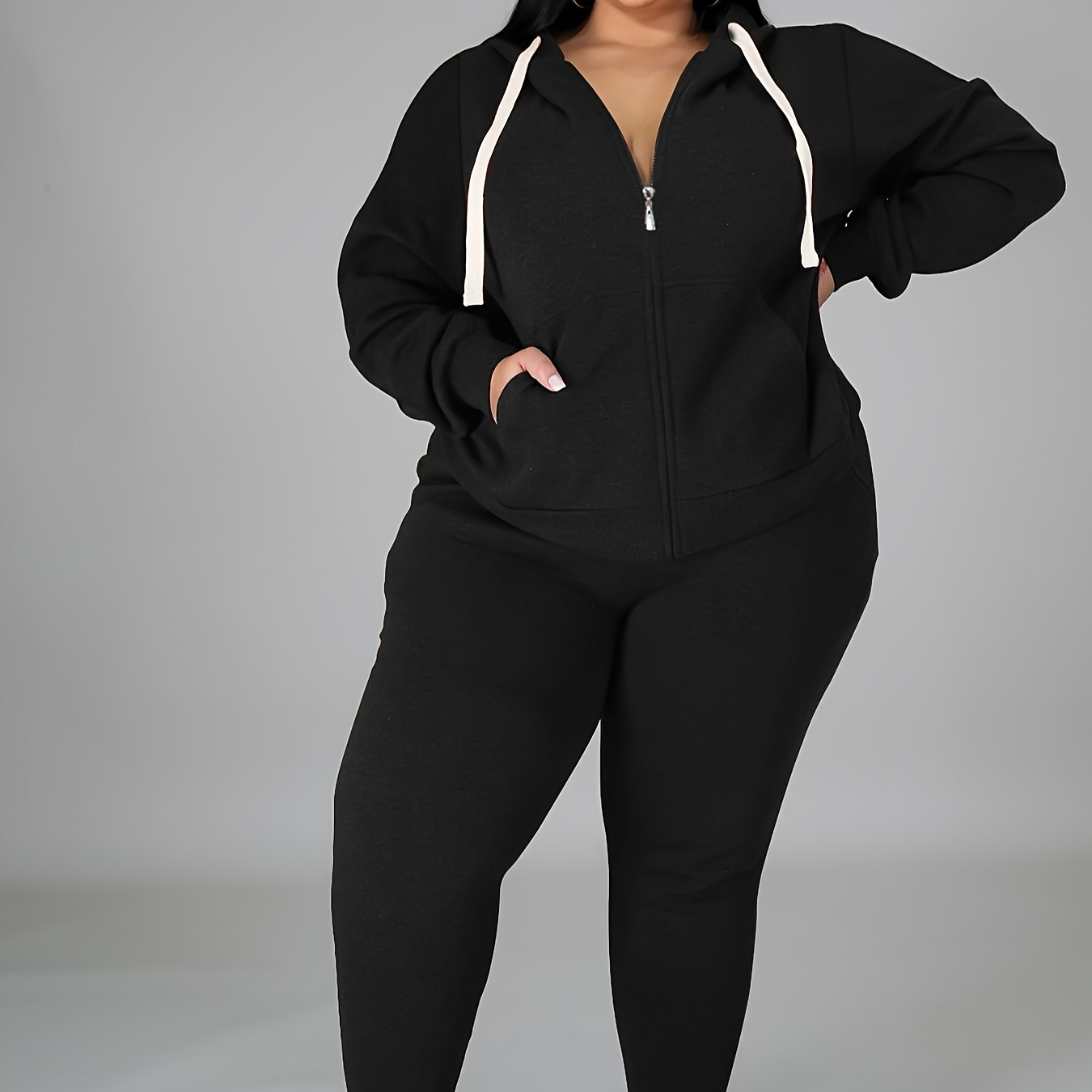 

Women's Plus Size Tracksuit Set - Long Sleeve Hooded Loungewear And Sweatsuit Sets With Pockets, Polyester And Elastane