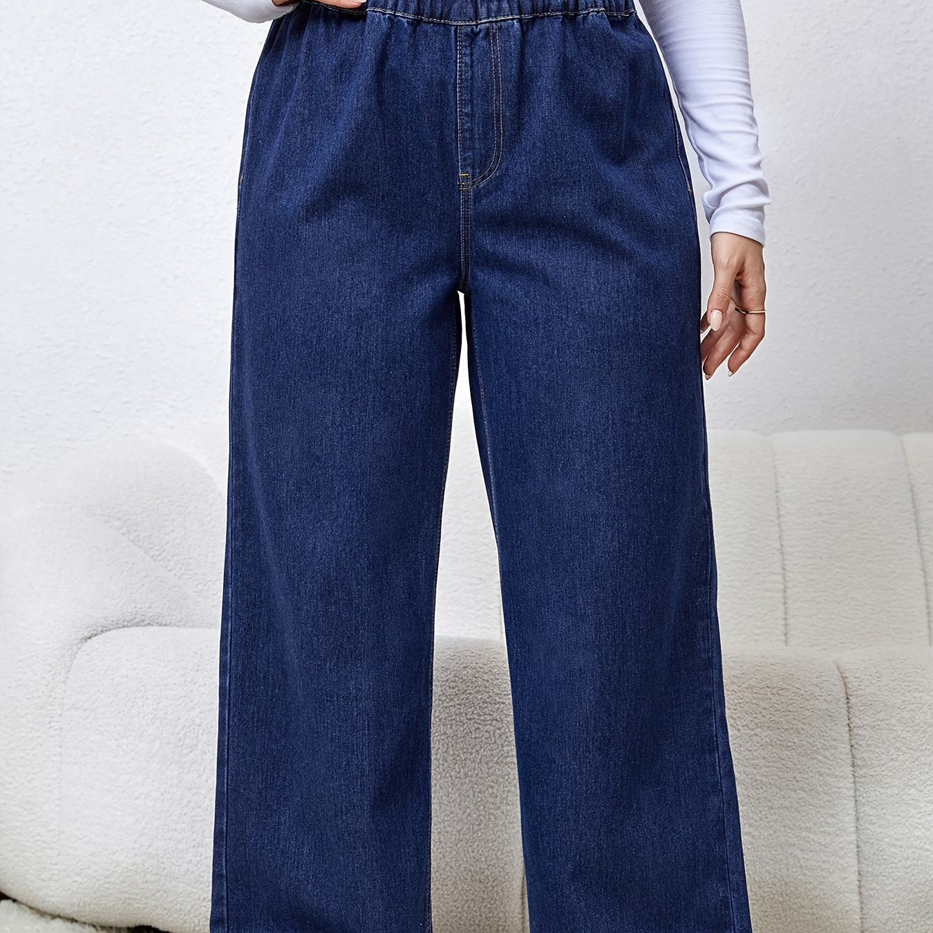 

Plus Size Casual Jeans, Women's Plus Solid Elastic High Rise Loose Wide Leg Jeans