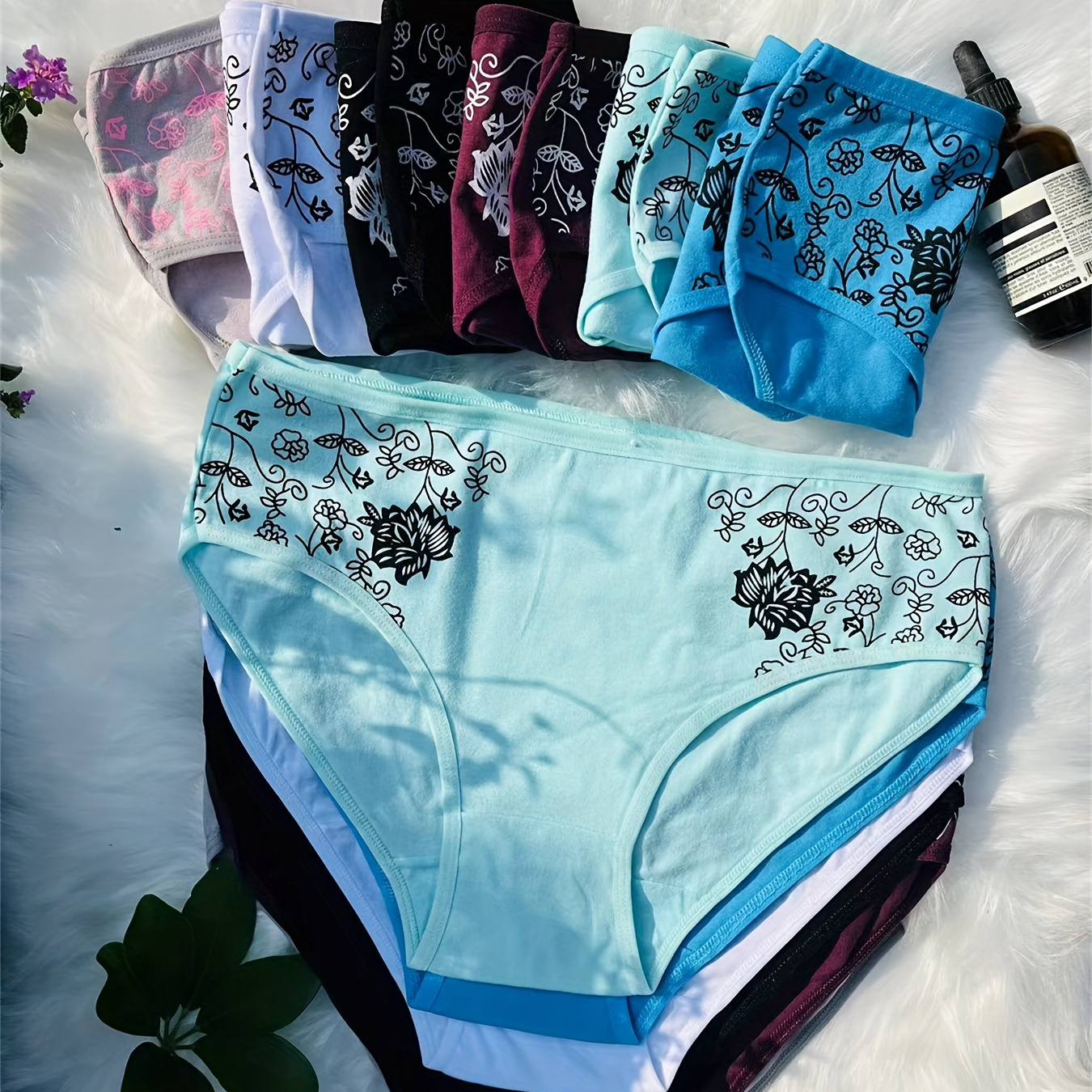 

12pcs Women's Mid-rise Floral Print Panties - Breathable, Stretchy, Fit Briefs In 6 Assorted Colors (white, Black & White, Purple Floral, Blue Floral, Pink Ditsy, Dots)